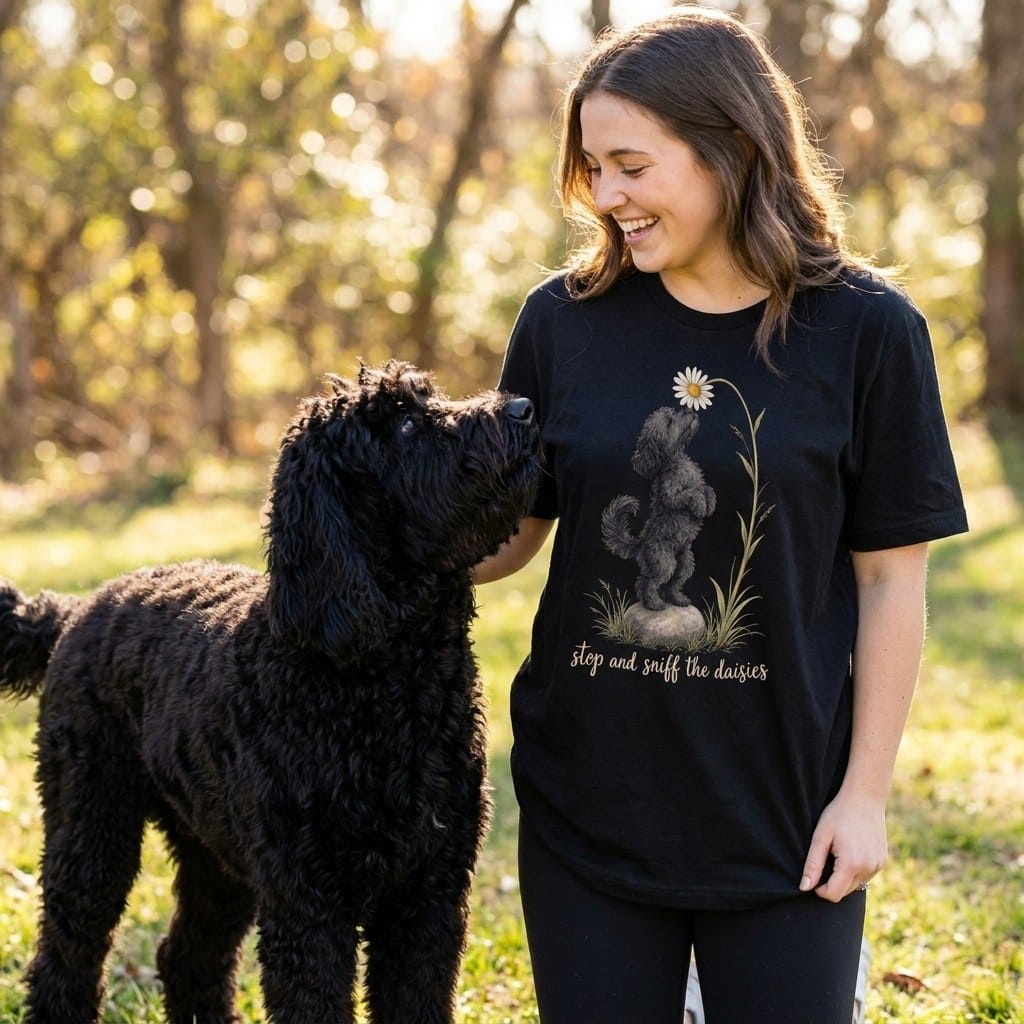 Black Goldendoodle Sniff Daisies T-Shirt in by Puppy Jo