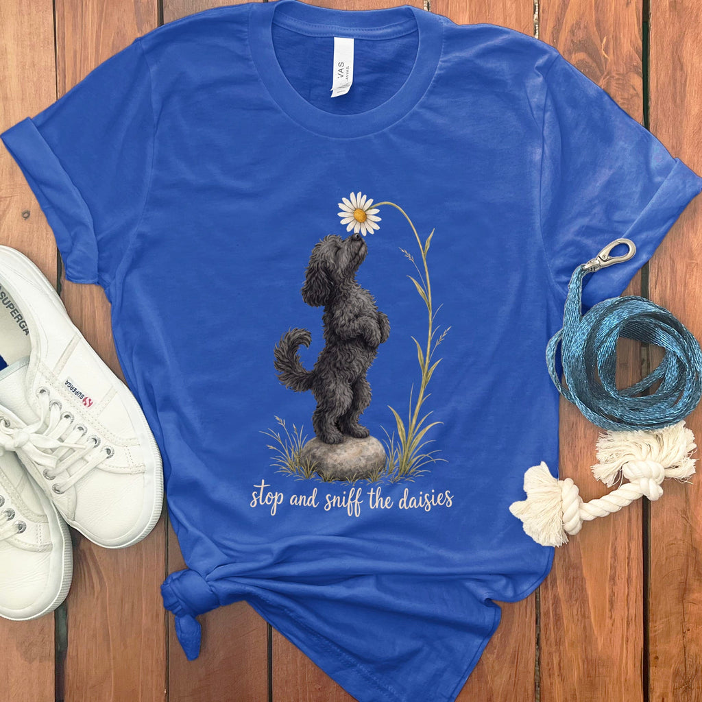 Black Goldendoodle Sniff Daisies T-Shirt in True Royal / S by Puppy Jo