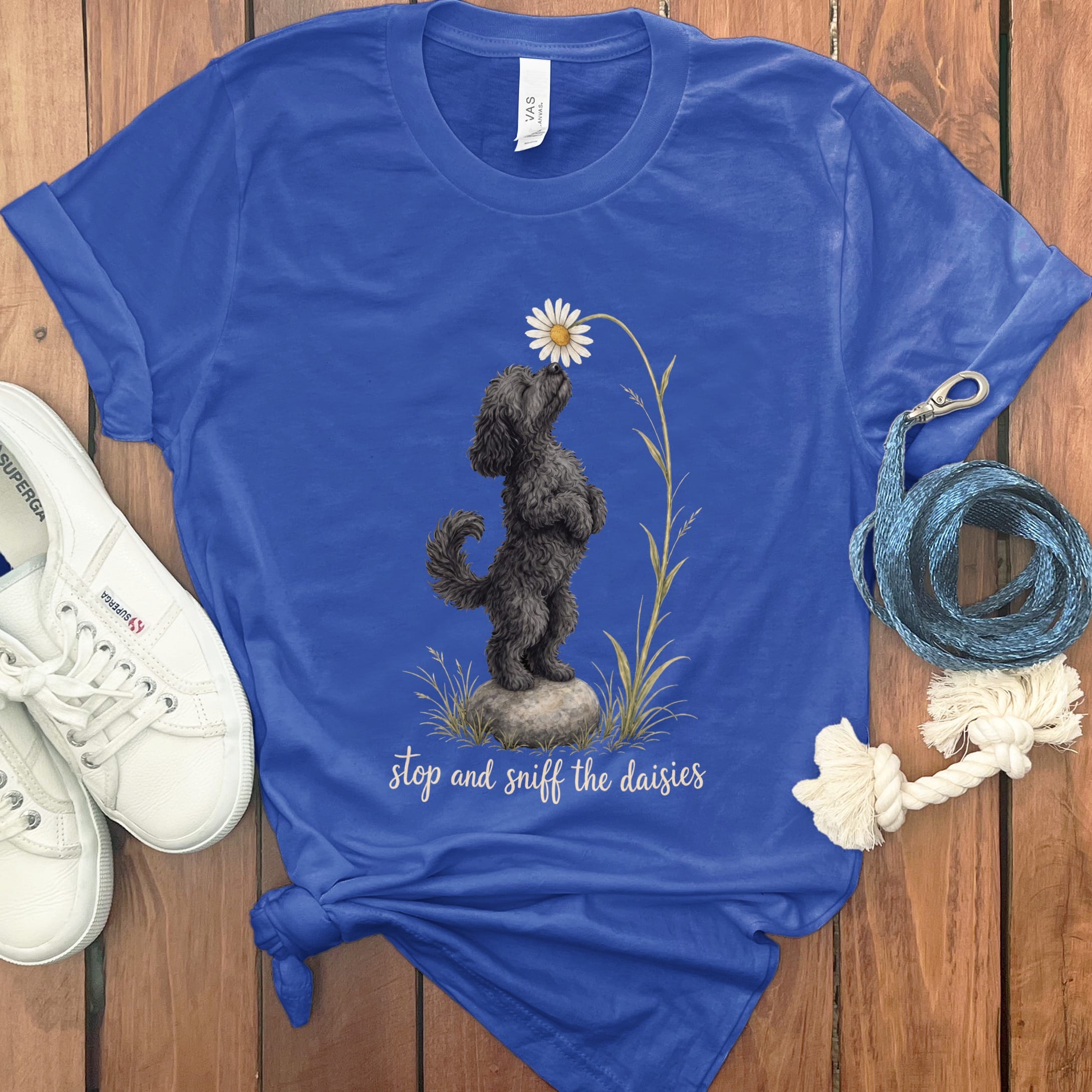 Black Goldendoodle Sniff Daisies T-Shirt in True Royal / S by Puppy Jo