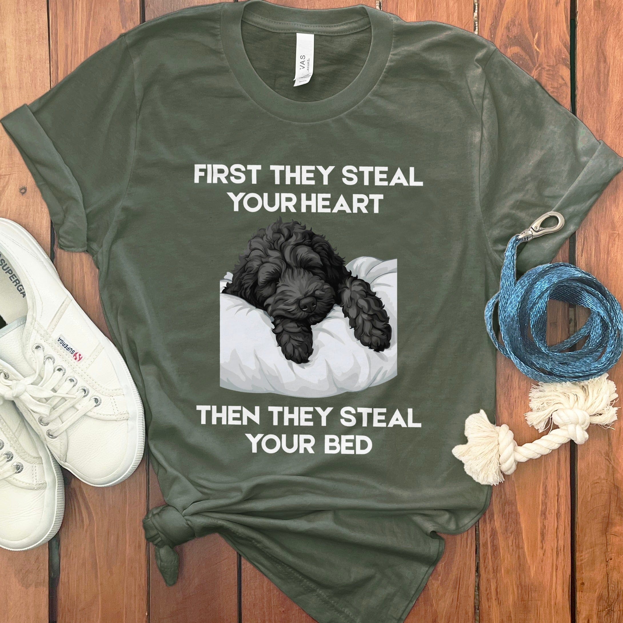 Black Goldendoodle Steal Heart T-Shirt in Military Green / S by Puppy Jo