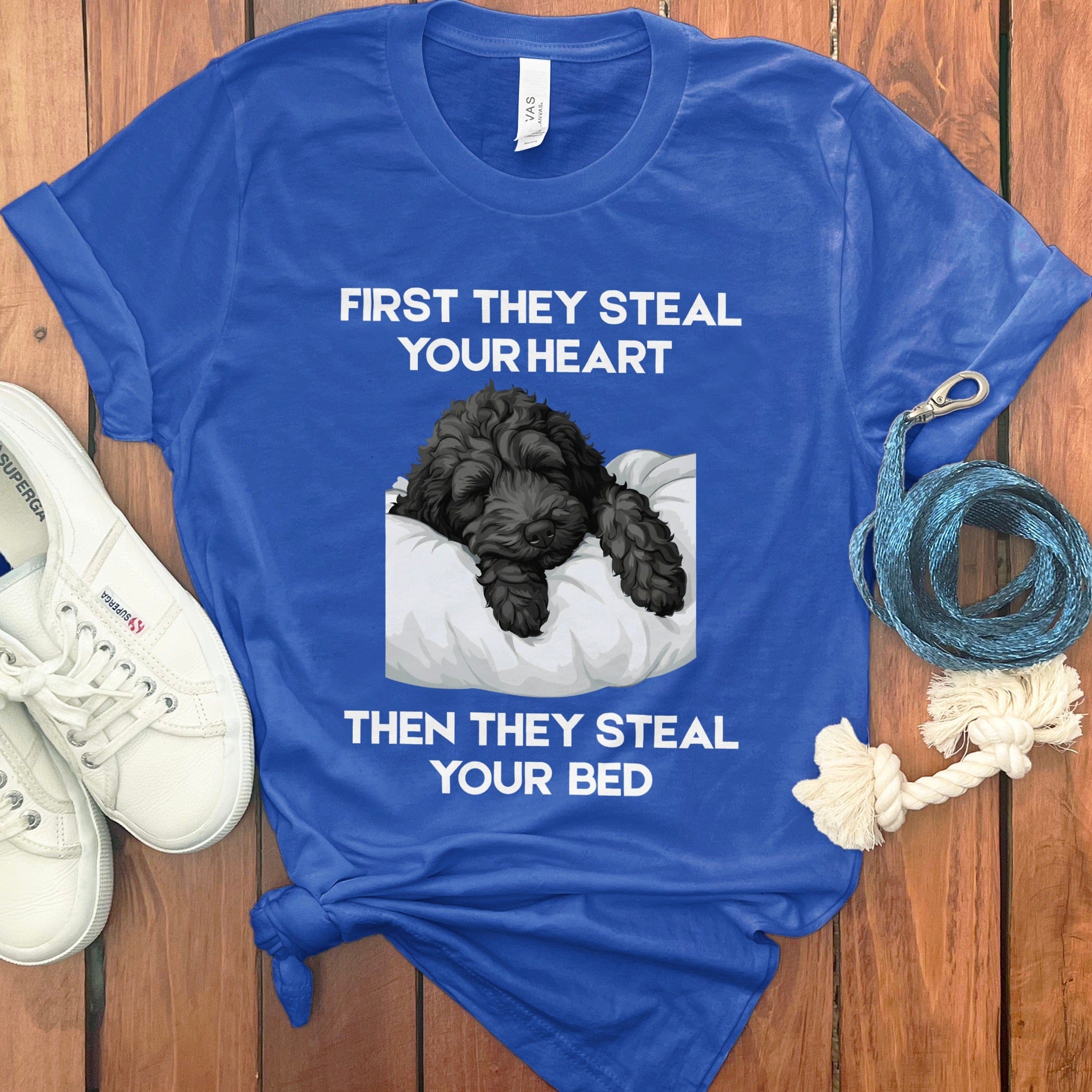 Black Goldendoodle Steal Heart T-Shirt in True Royal / S by Puppy Jo