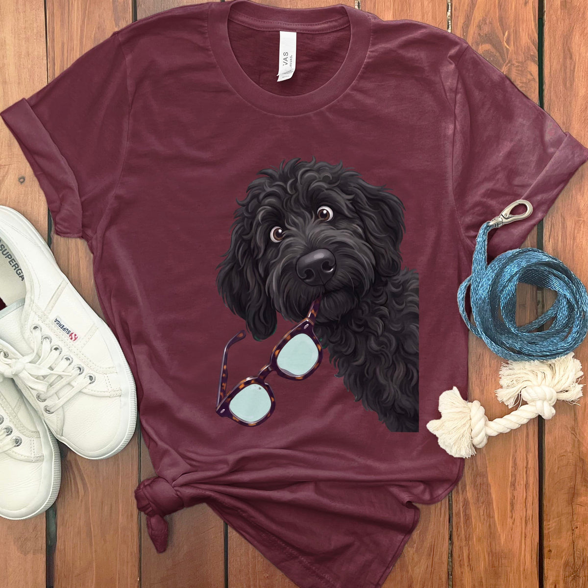 Black Goldendoodle Stolen Glasses T-Shirt in Maroon / S by Puppy Jo