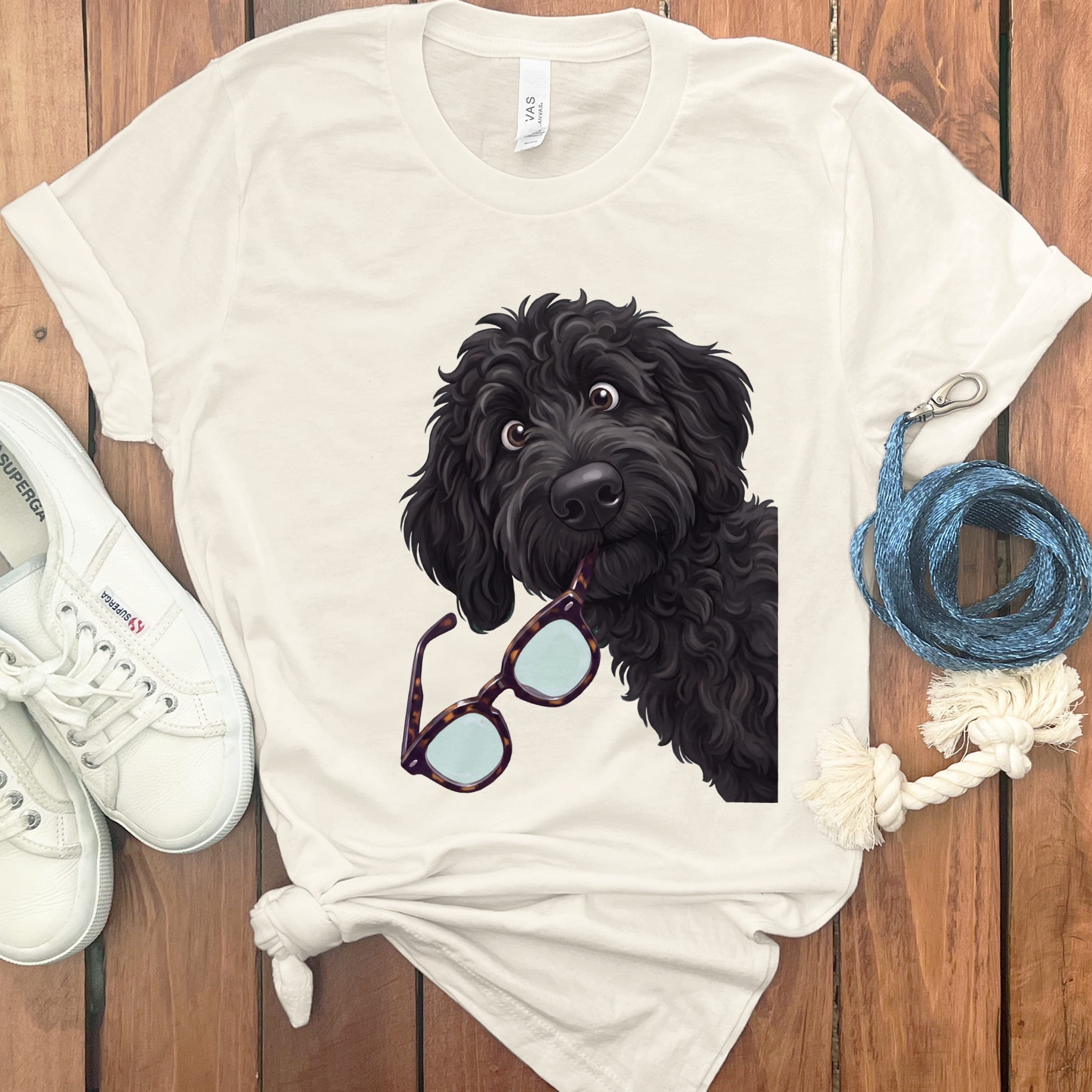 Black Goldendoodle Stolen Glasses T-Shirt in Natural / S by Puppy Jo