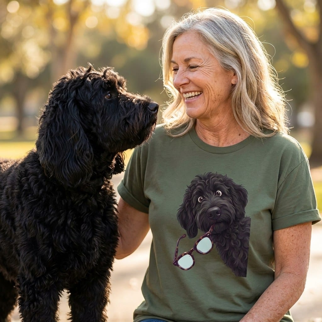 Black Goldendoodle Stolen Glasses T-Shirt in by Puppy Jo