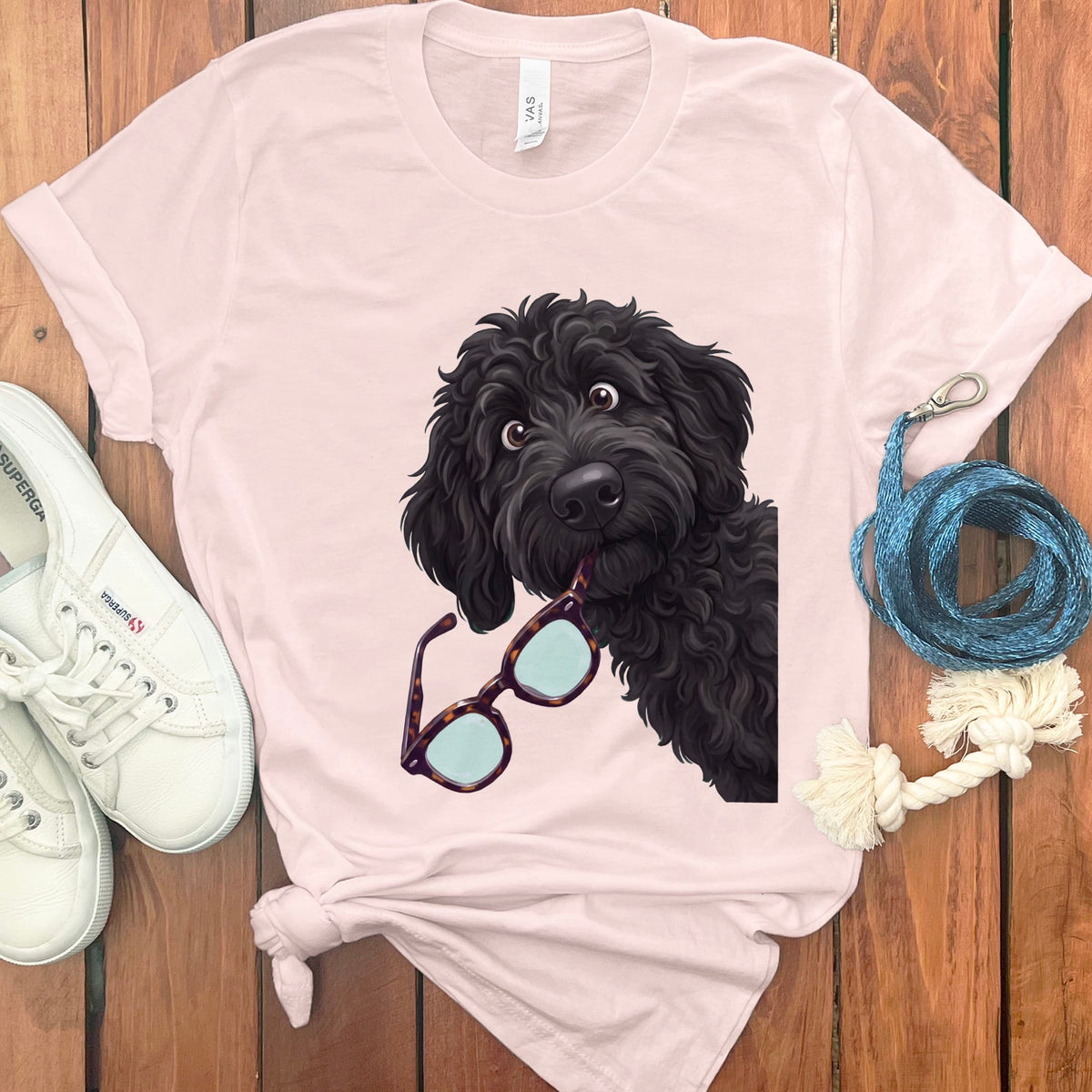 Black Goldendoodle Stolen Glasses T-Shirt in Soft Pink / S by Puppy Jo