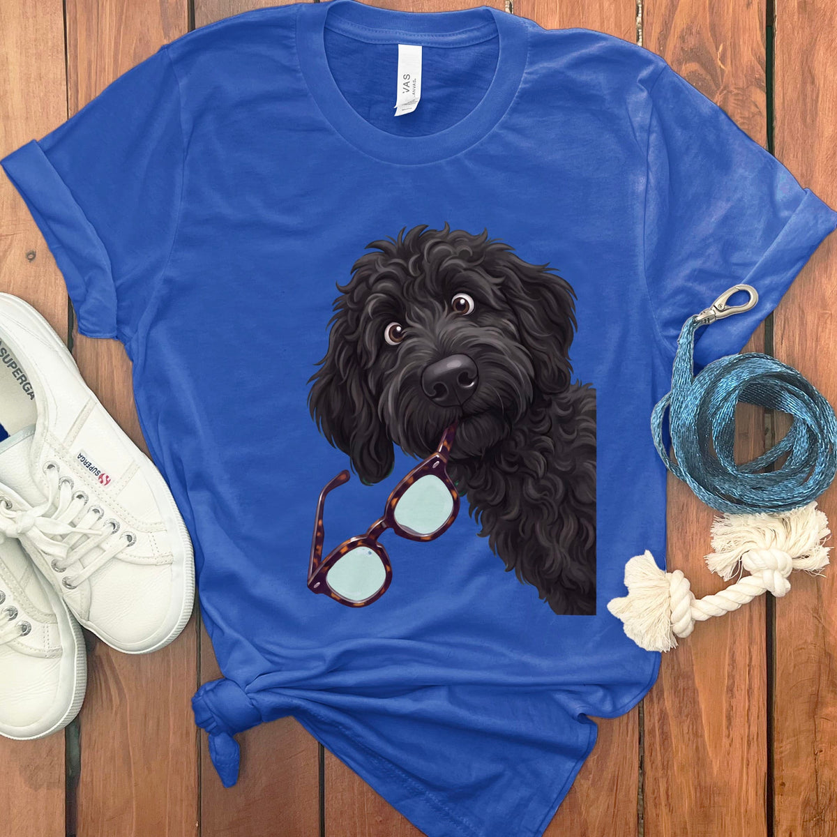 Black Goldendoodle Stolen Glasses T-Shirt in True Royal / S by Puppy Jo