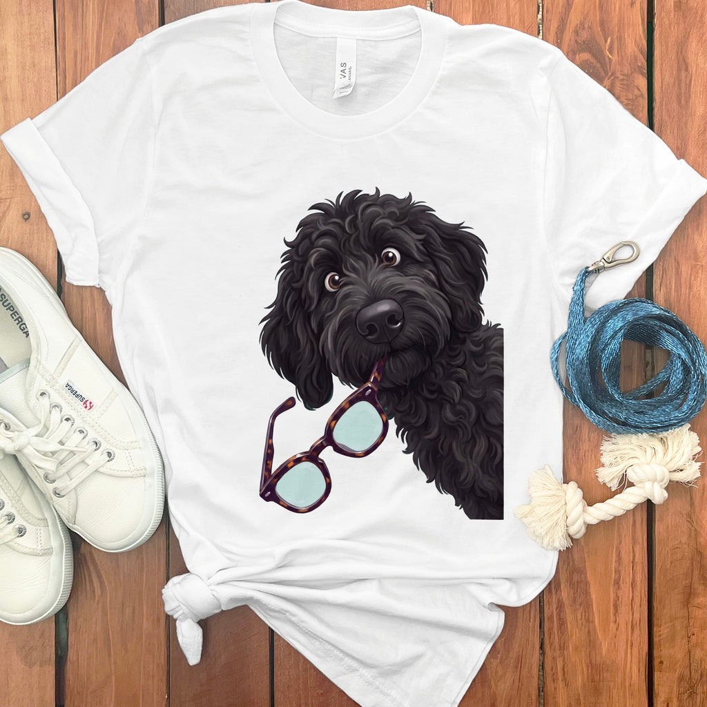 Black Goldendoodle Stolen Glasses T-Shirt in White / S by Puppy Jo