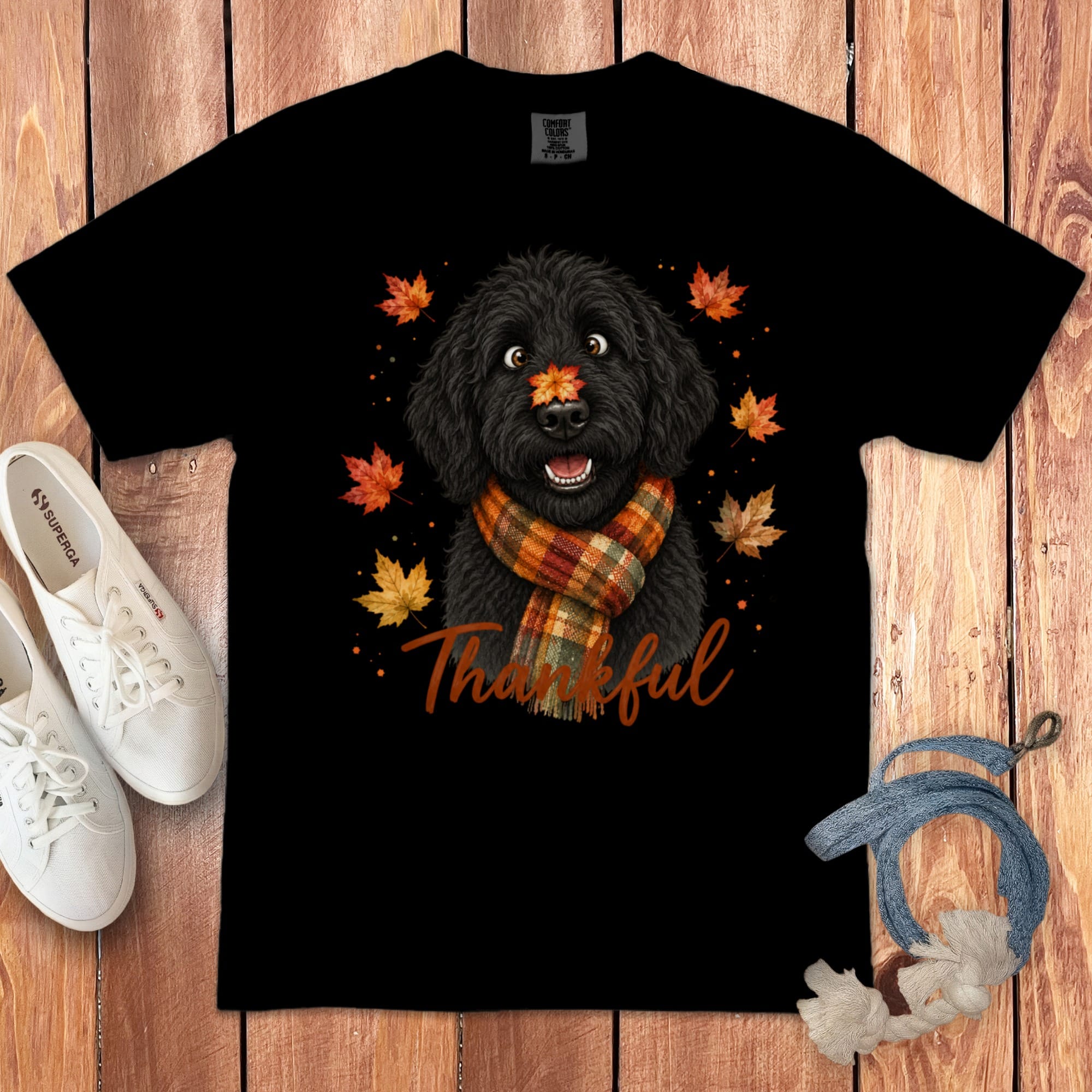 Black Goldendoodle Thankful Signature T-Shirt in Black / S by Puppy Jo
