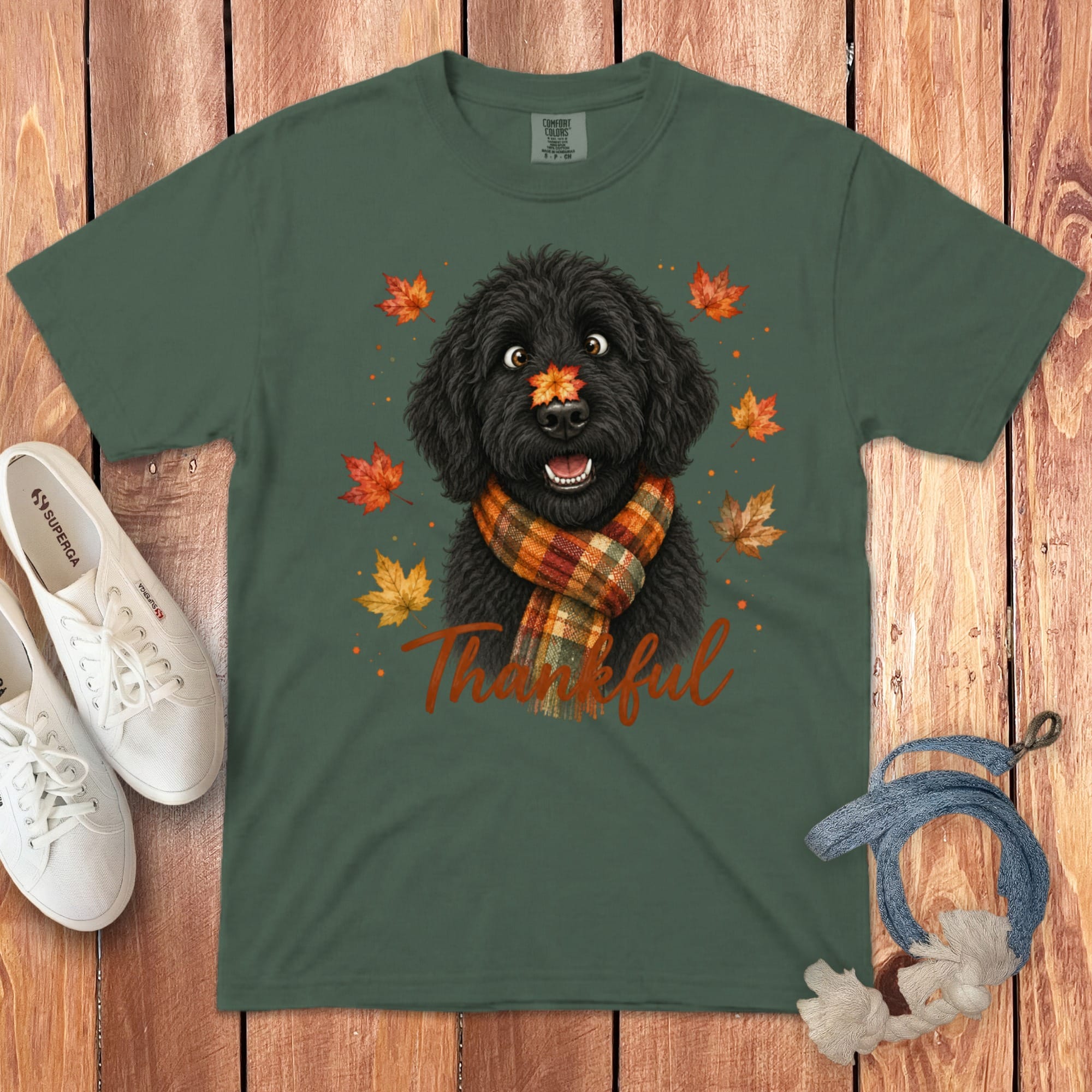 Black Goldendoodle Thankful Signature T-Shirt in Blue Spruce / S by Puppy Jo