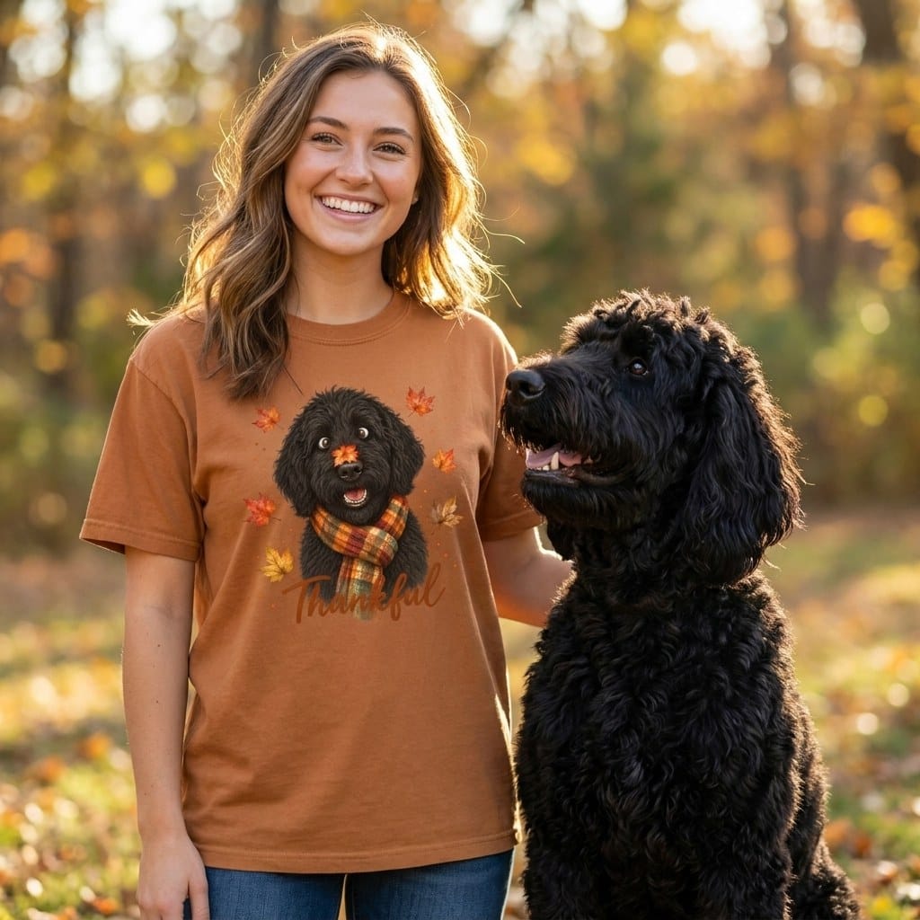 Black Goldendoodle Thankful Signature T-Shirt in by Puppy Jo