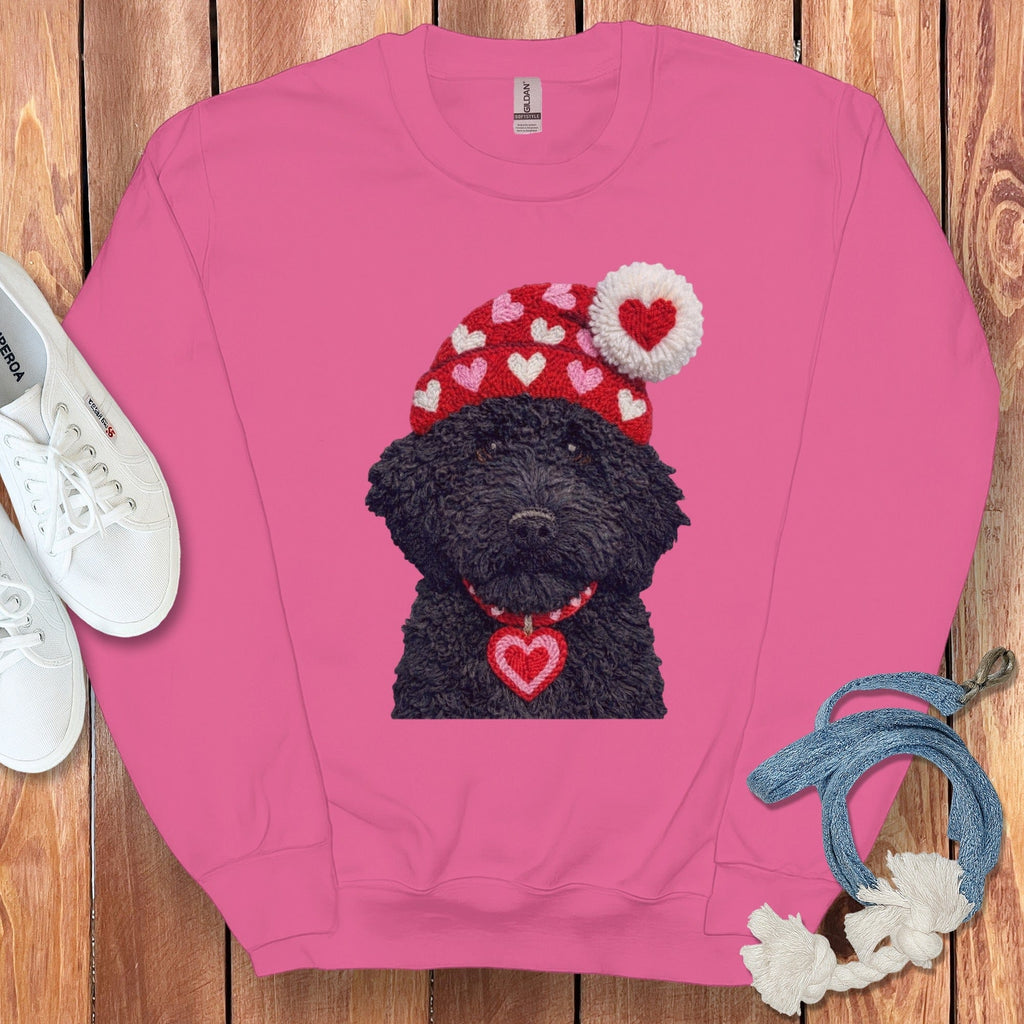 Black Goldendoodle Valentine Charm Faux Yarn Sweatshirt in Heliconia / S by Puppy Jo