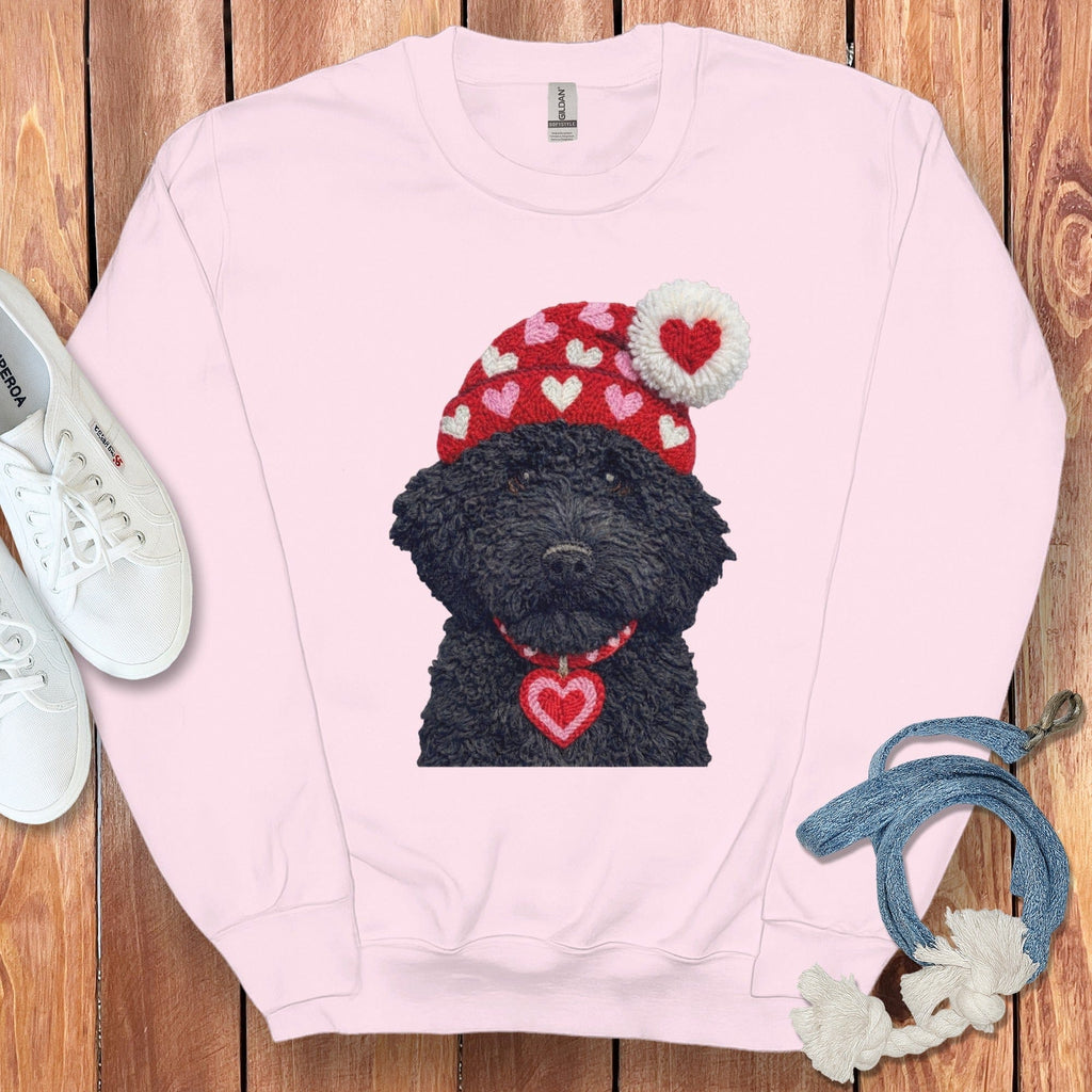 Black Goldendoodle Valentine Charm Faux Yarn Sweatshirt in Light Pink / S by Puppy Jo