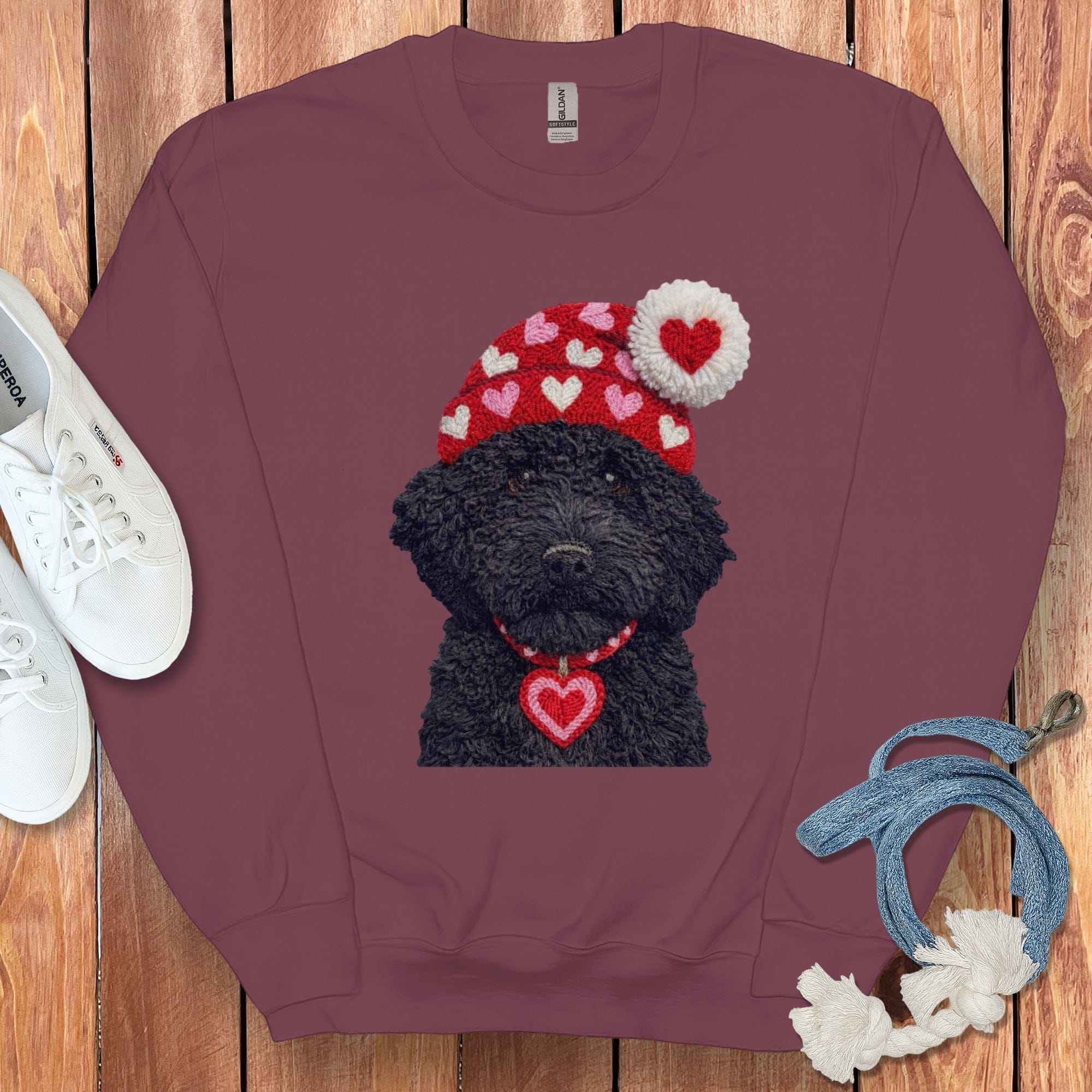 Black Goldendoodle Valentine Charm Faux Yarn Sweatshirt in Maroon / S by Puppy Jo