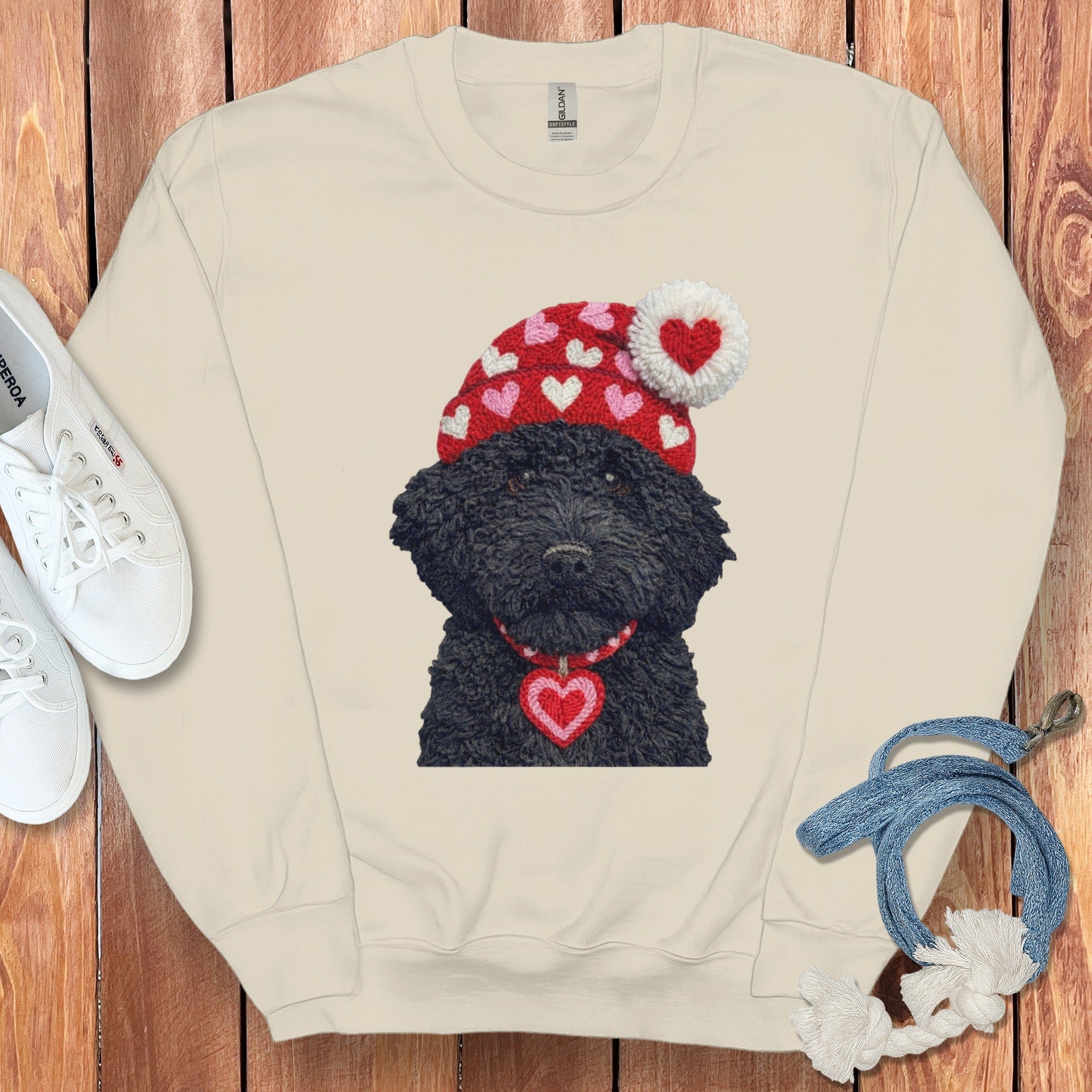 Black Goldendoodle Valentine Charm Faux Yarn Sweatshirt in Sand / S by Puppy Jo