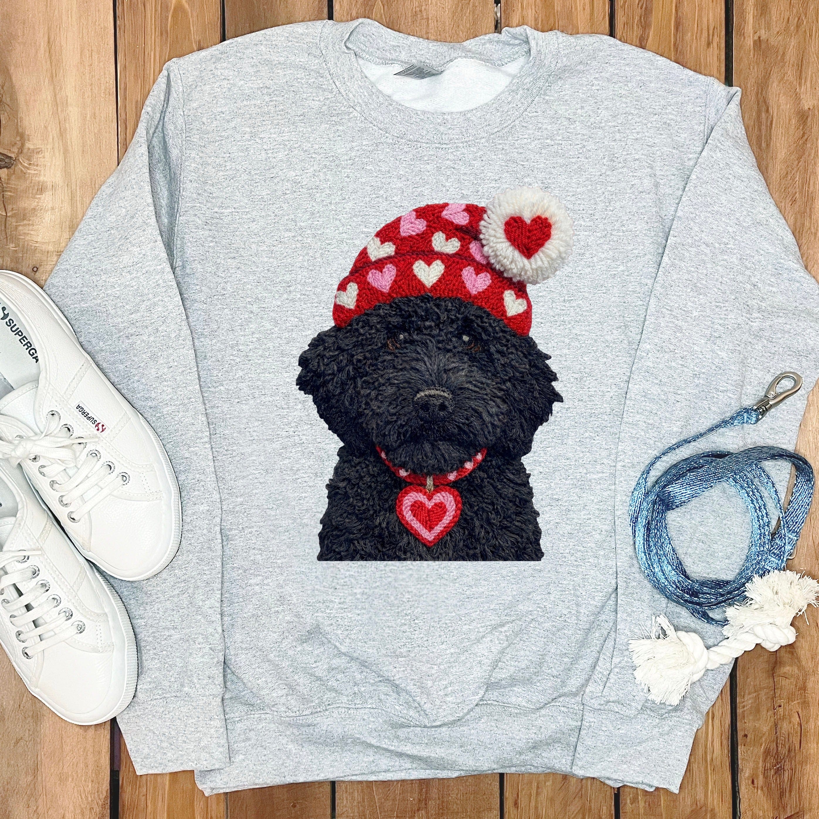 Black Goldendoodle Valentine Charm Faux Yarn Sweatshirt in Sport Grey / S by Puppy Jo