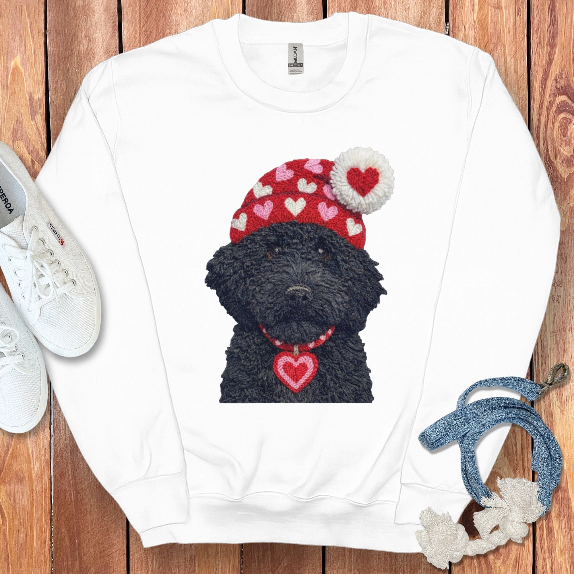 Black Goldendoodle Valentine Charm Faux Yarn Sweatshirt in White / S by Puppy Jo