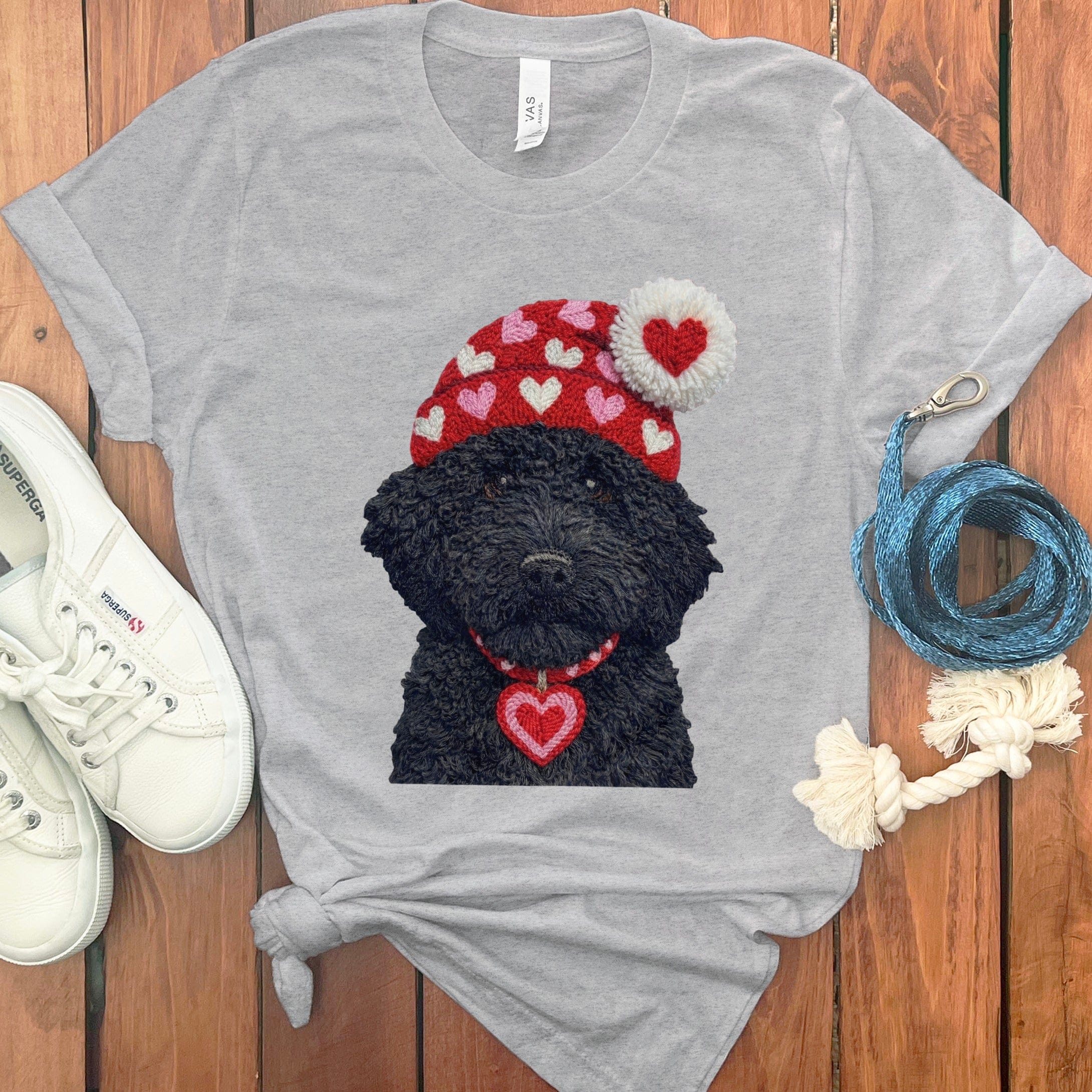 Black Goldendoodle Valentine Charm Faux Yarn T-Shirt in Athletic Heather / S by Puppy Jo