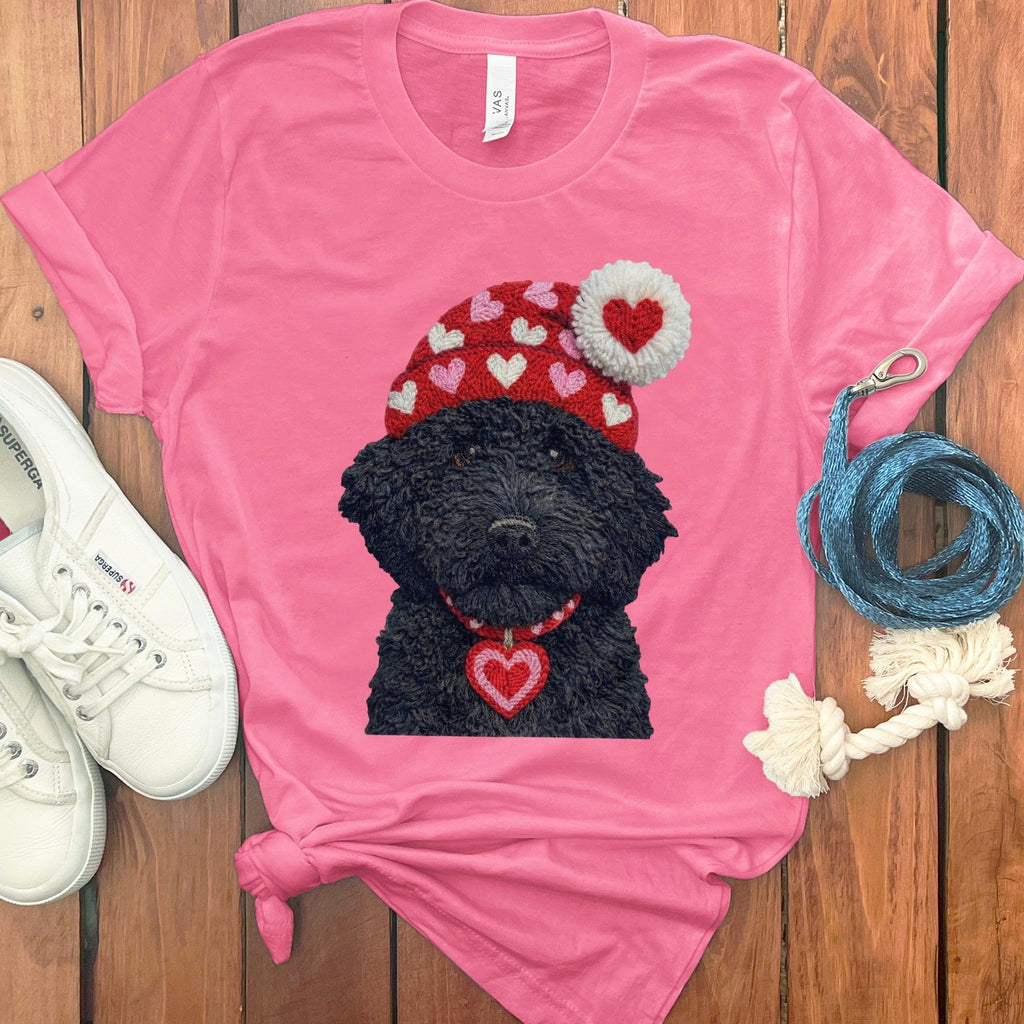 Black Goldendoodle Valentine Charm Faux Yarn T-Shirt in Charity Pink / S by Puppy Jo