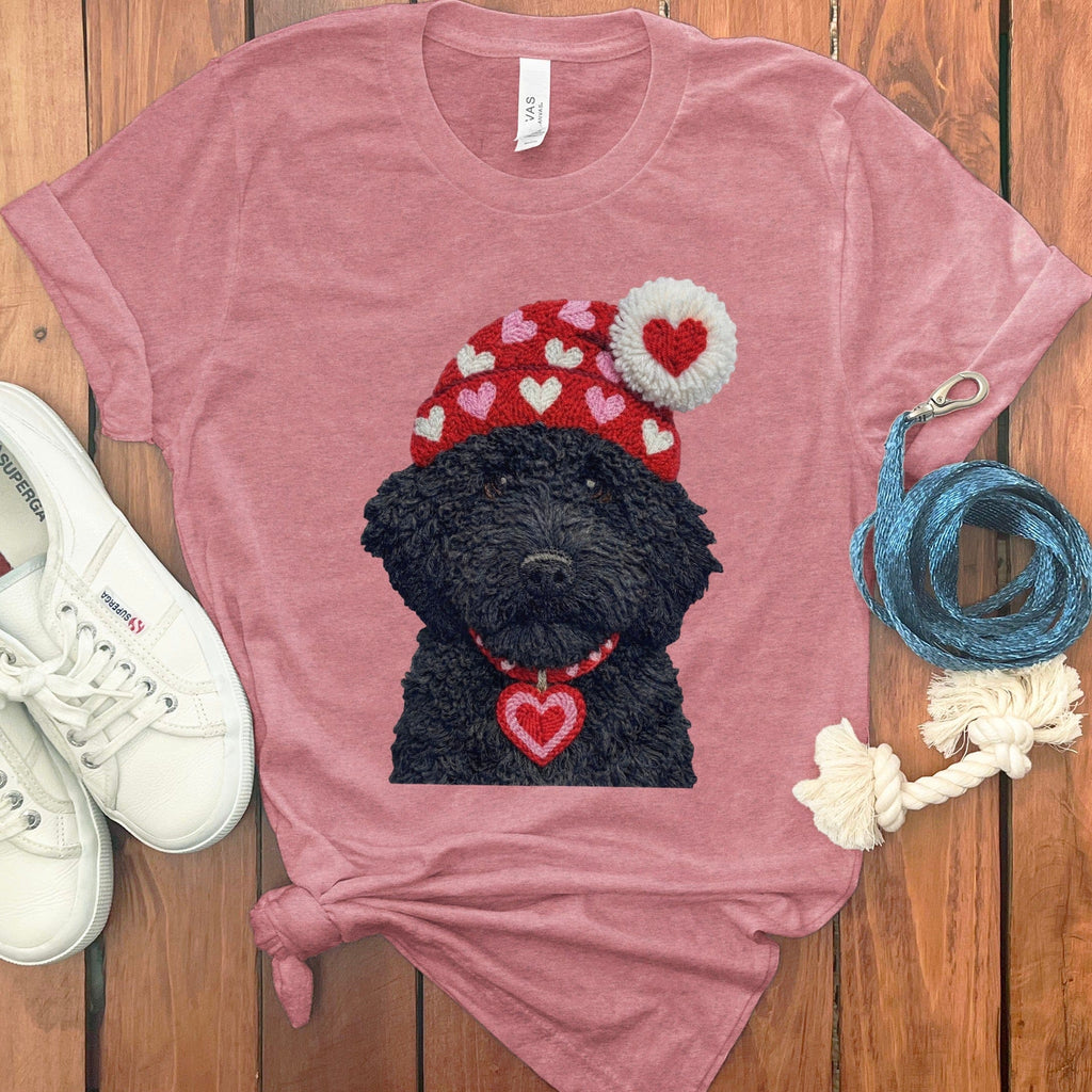 Black Goldendoodle Valentine Charm Faux Yarn T-Shirt in Heather Mauve / S by Puppy Jo
