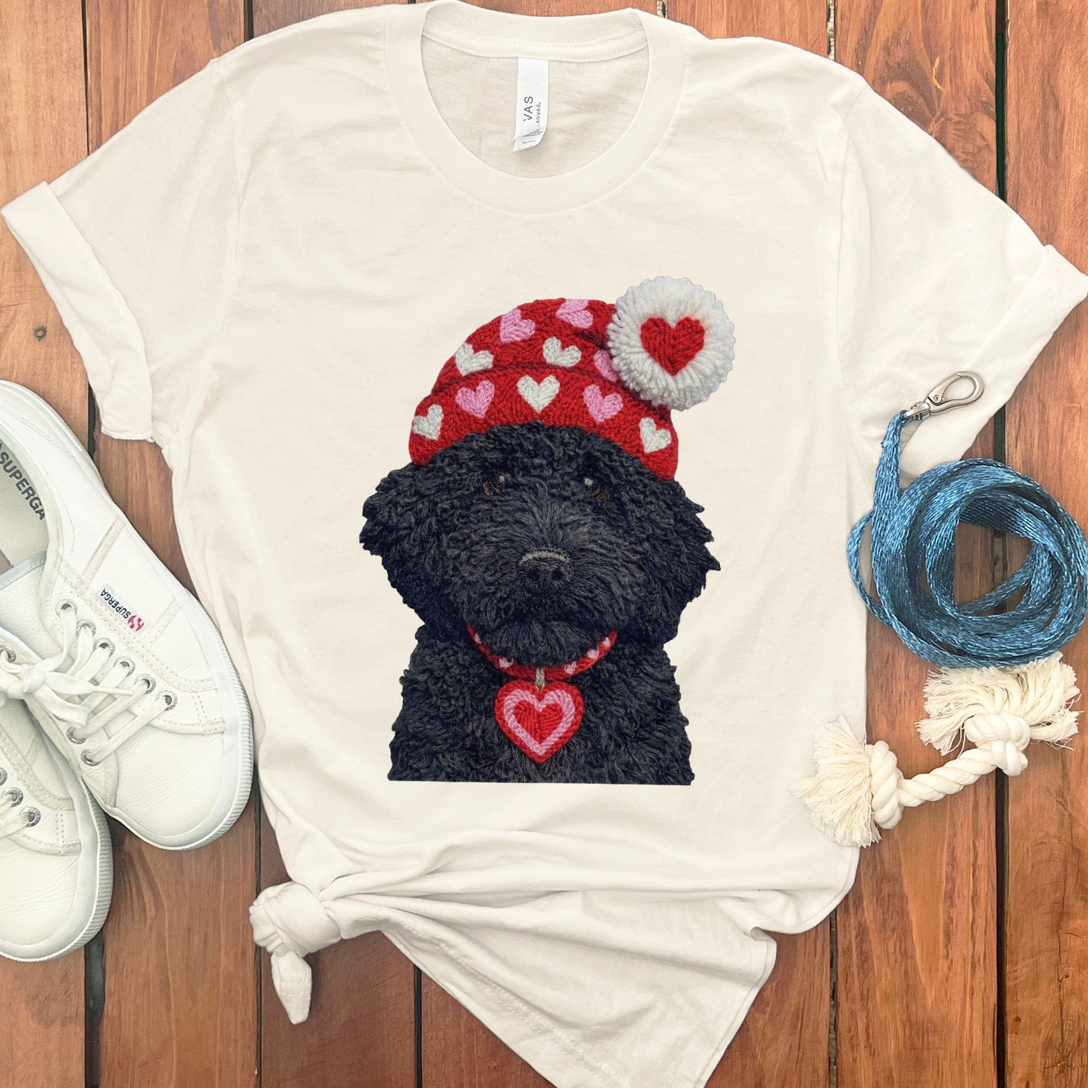 Black Goldendoodle Valentine Charm Faux Yarn T-Shirt in Natural / S by Puppy Jo