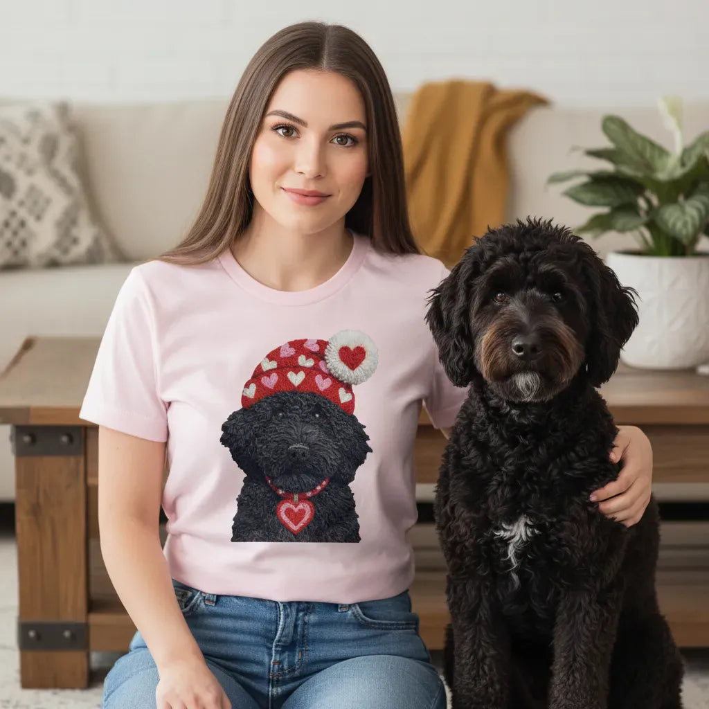 Black Goldendoodle Valentine Charm Faux Yarn T-Shirt in by Puppy Jo