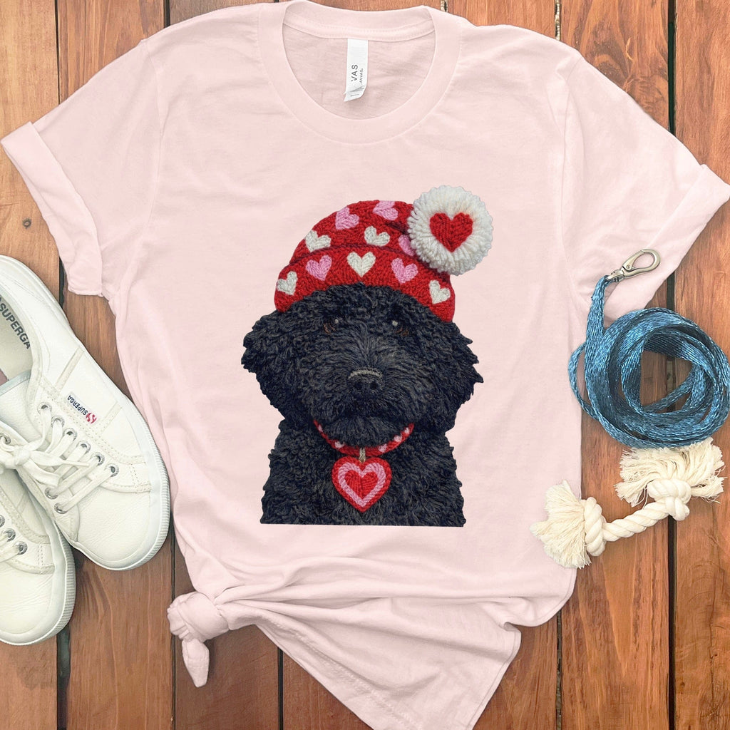 Black Goldendoodle Valentine Charm Faux Yarn T-Shirt in Soft Pink / S by Puppy Jo