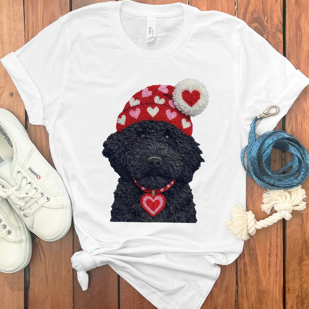 Black Goldendoodle Valentine Charm Faux Yarn T-Shirt in White / S by Puppy Jo