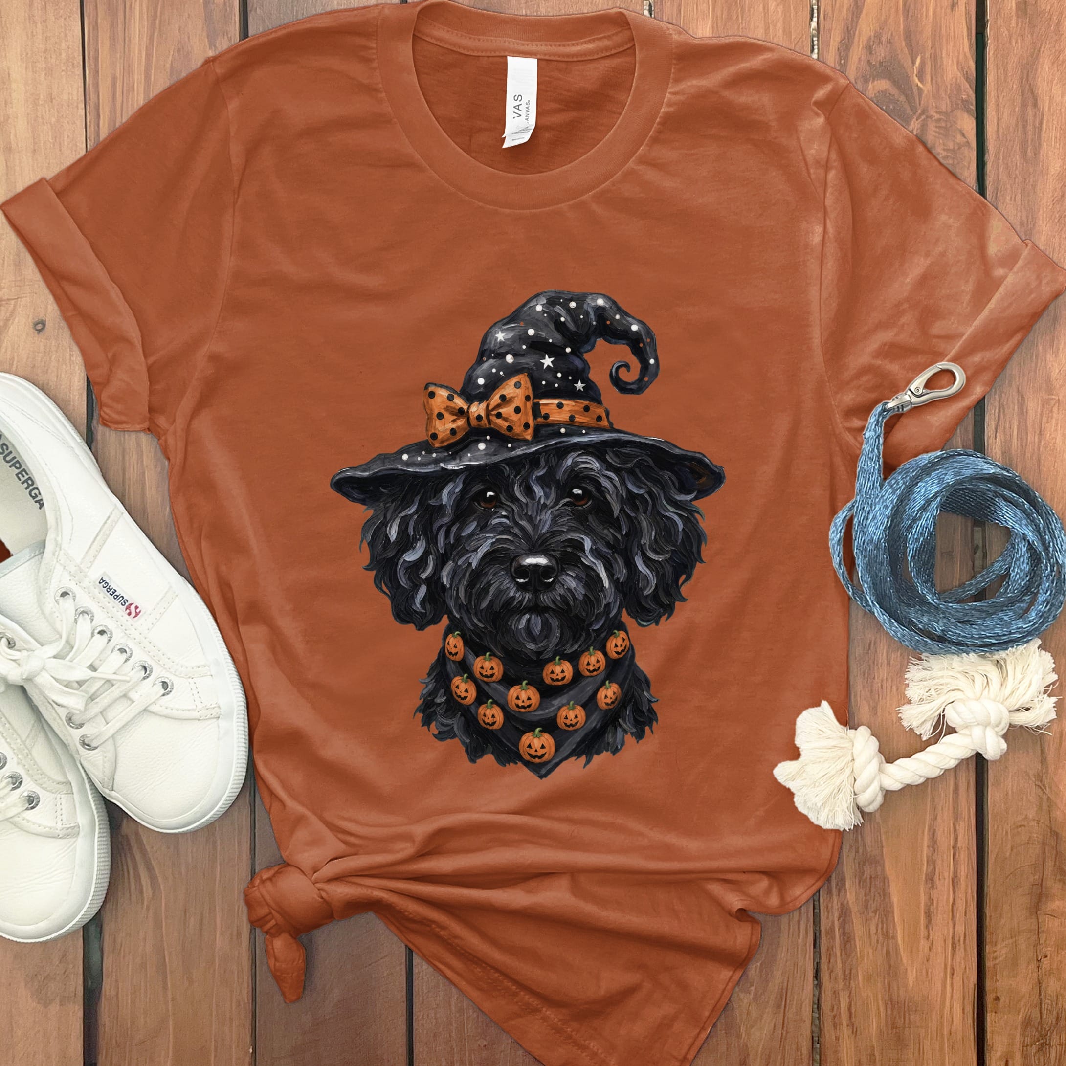 Black Goldendoodle Witch Hat T-Shirt in Autumn / S by MyDesigns