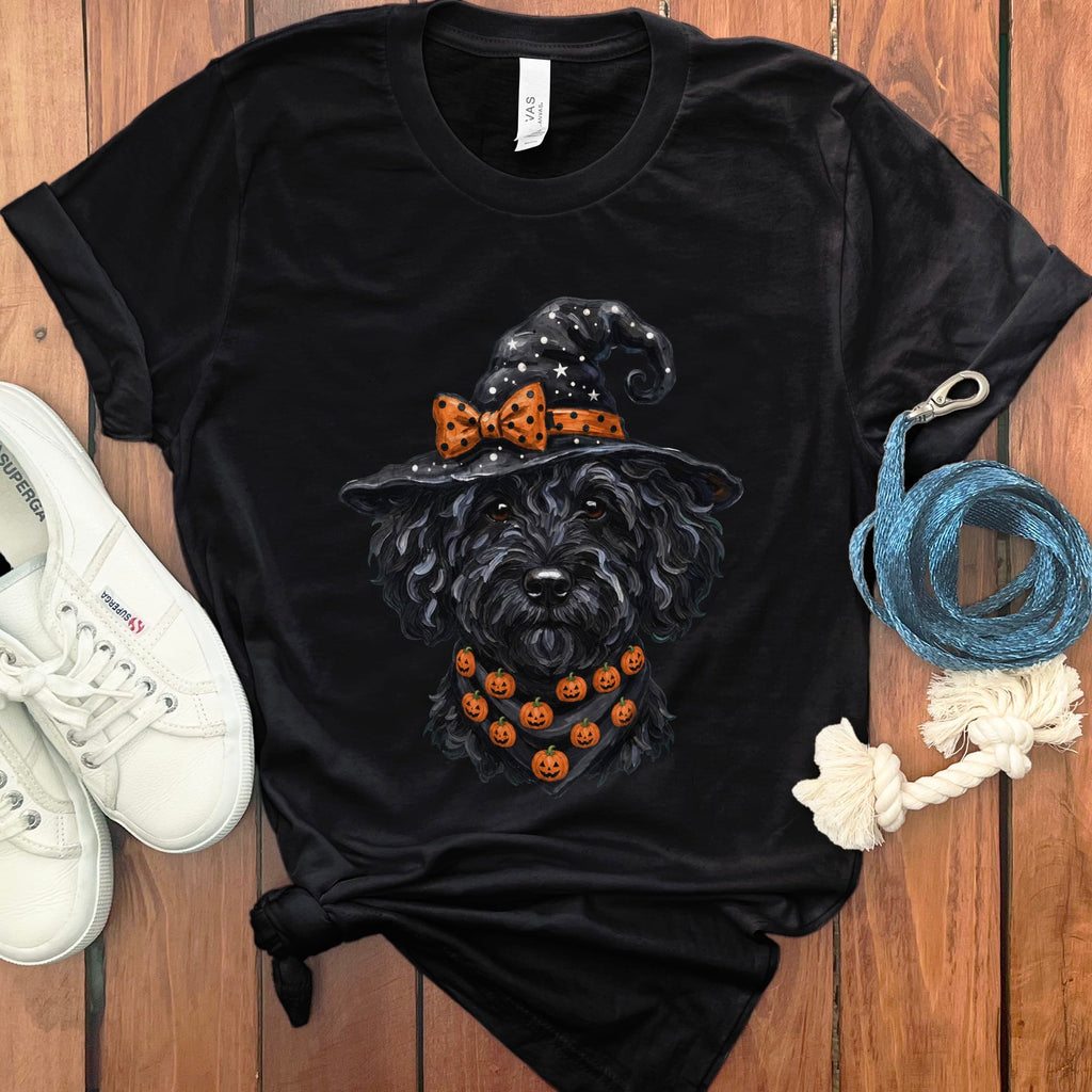 Black Goldendoodle Witch Hat T-Shirt in Black / S by MyDesigns