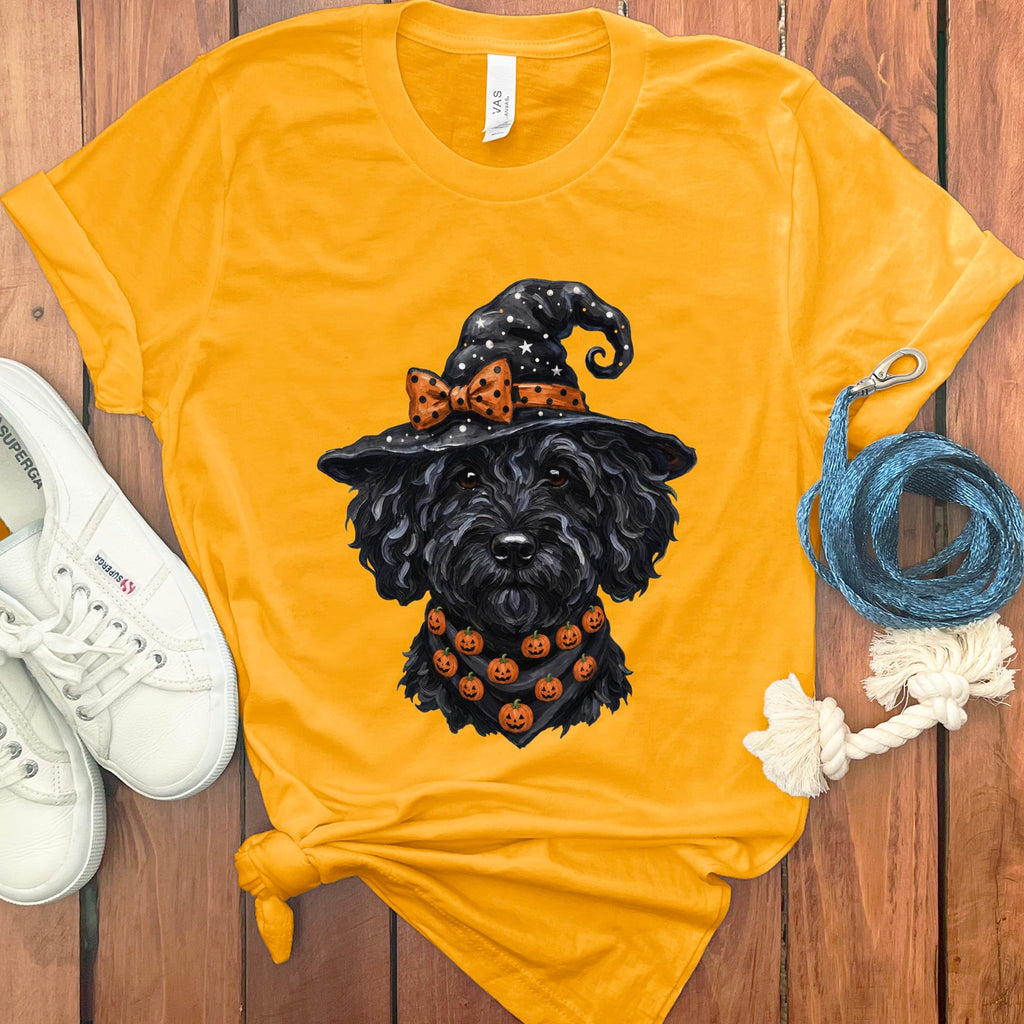 Black Goldendoodle Witch Hat T-Shirt in Gold / S by MyDesigns