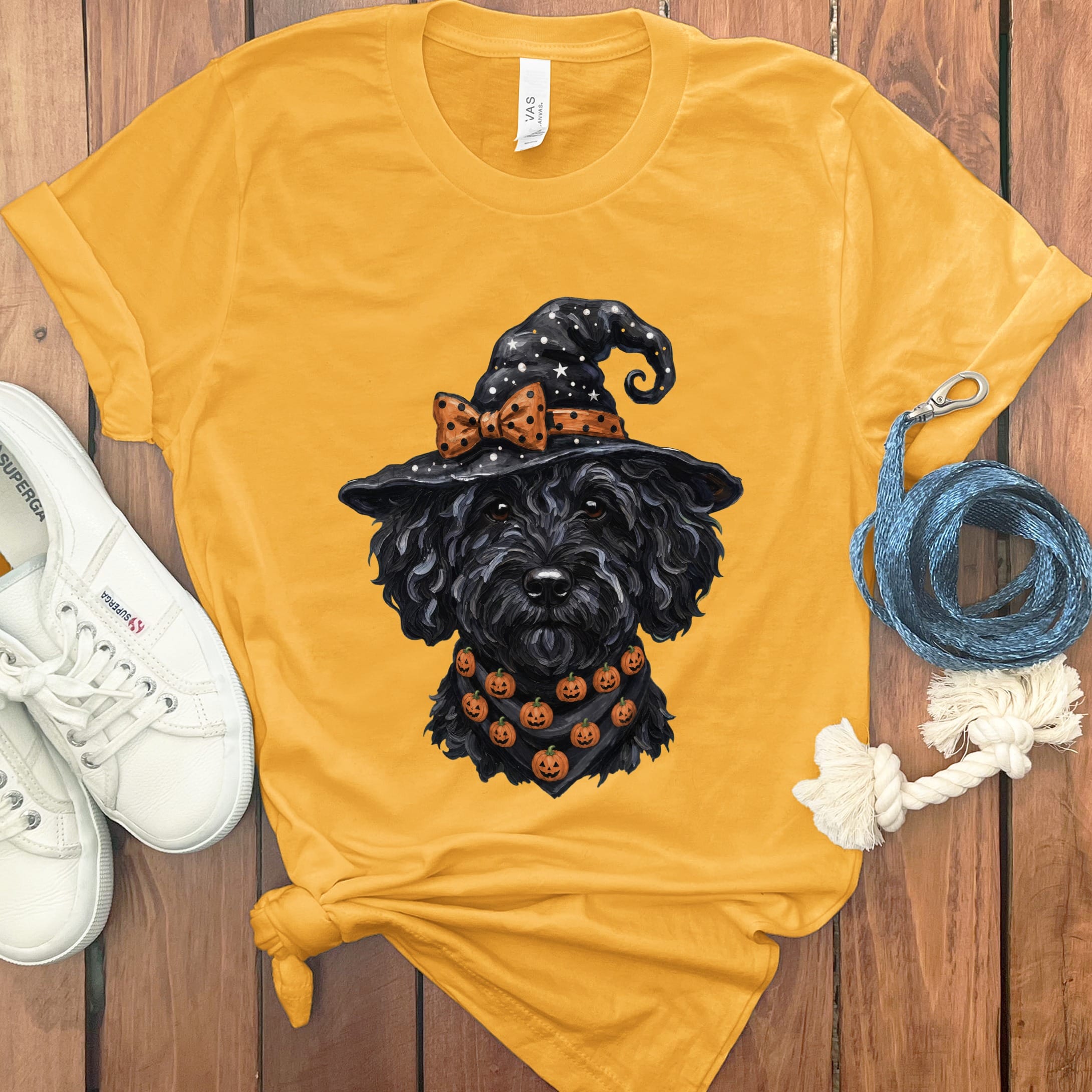 Black Goldendoodle Witch Hat T-Shirt in Gold / S by MyDesigns