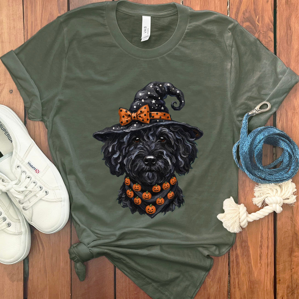 Black Goldendoodle Witch Hat T-Shirt in Military Green / S by MyDesigns