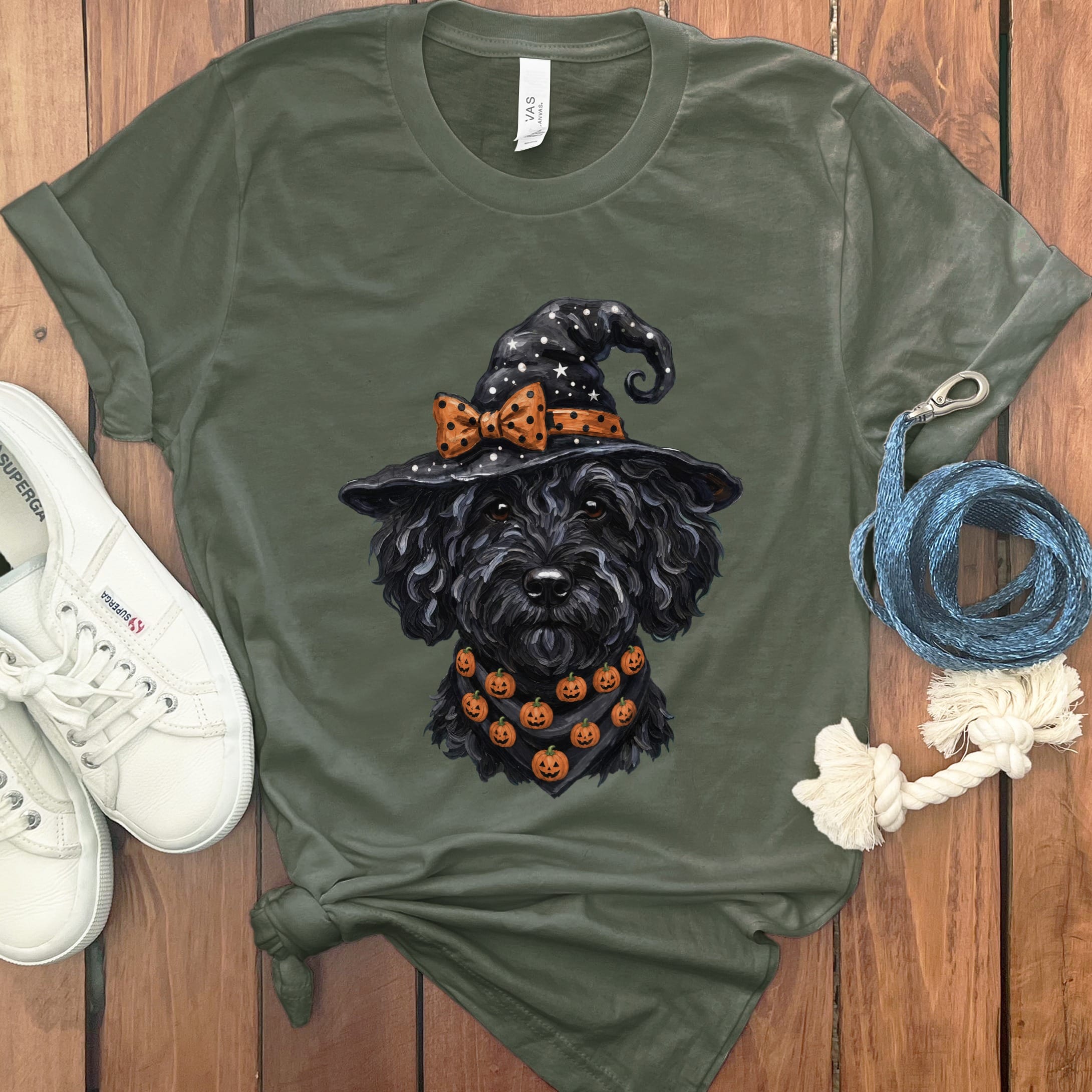 Black Goldendoodle Witch Hat T-Shirt in Military Green / S by MyDesigns