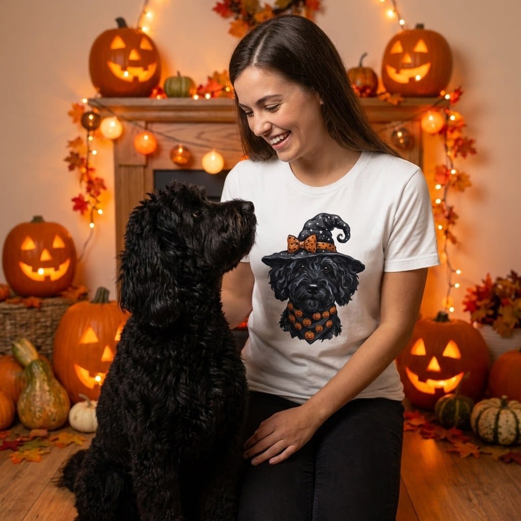 Black Goldendoodle Witch Hat T-Shirt in by MyDesigns