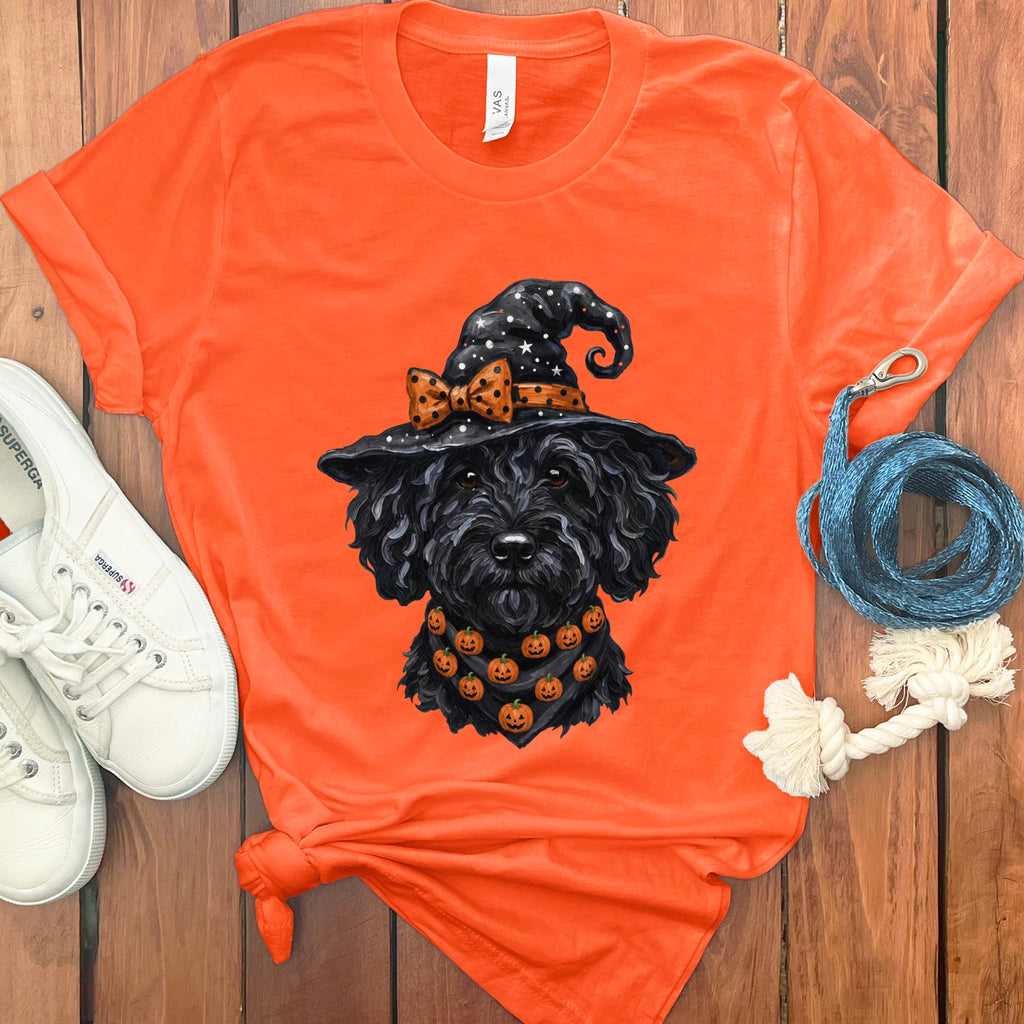 Black Goldendoodle Witch Hat T-Shirt in Orange / S by MyDesigns