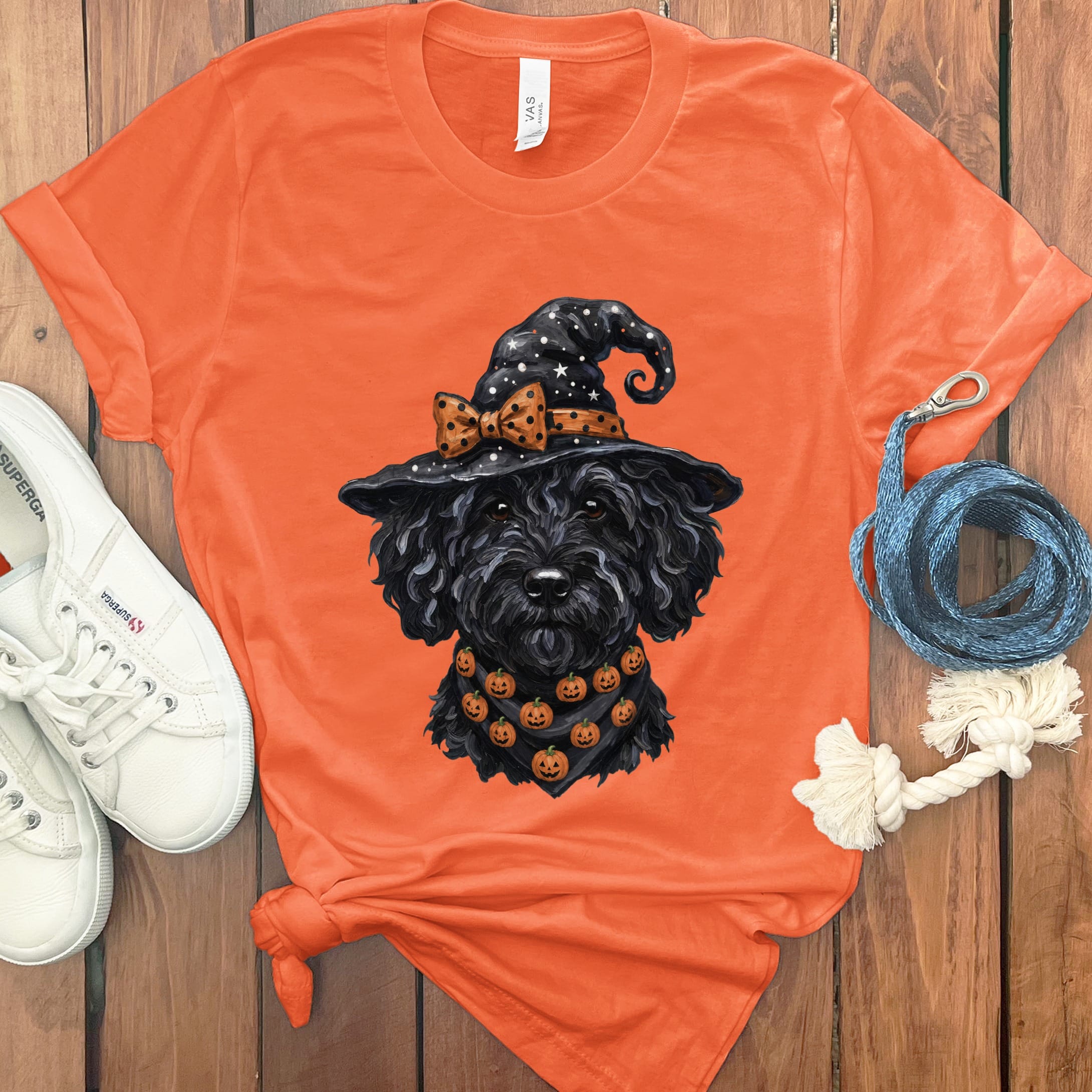 Black Goldendoodle Witch Hat T-Shirt in Orange / S by MyDesigns