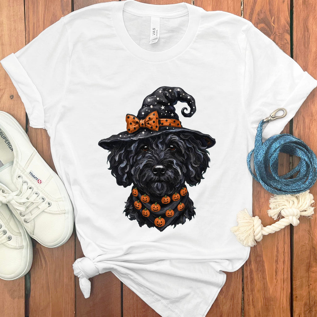 Black Goldendoodle Witch Hat T-Shirt in White / S by MyDesigns