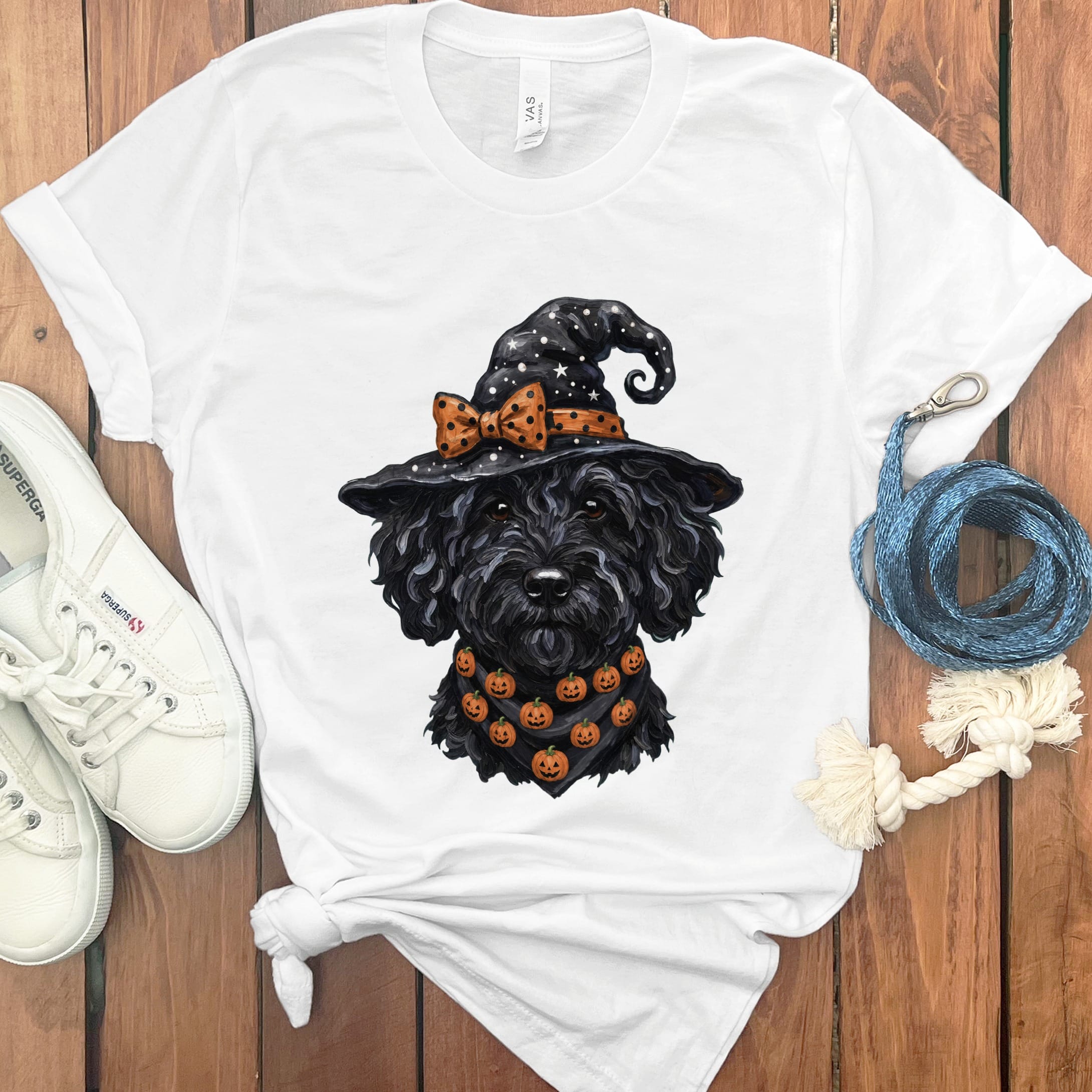 Black Goldendoodle Witch Hat T-Shirt in White / S by MyDesigns