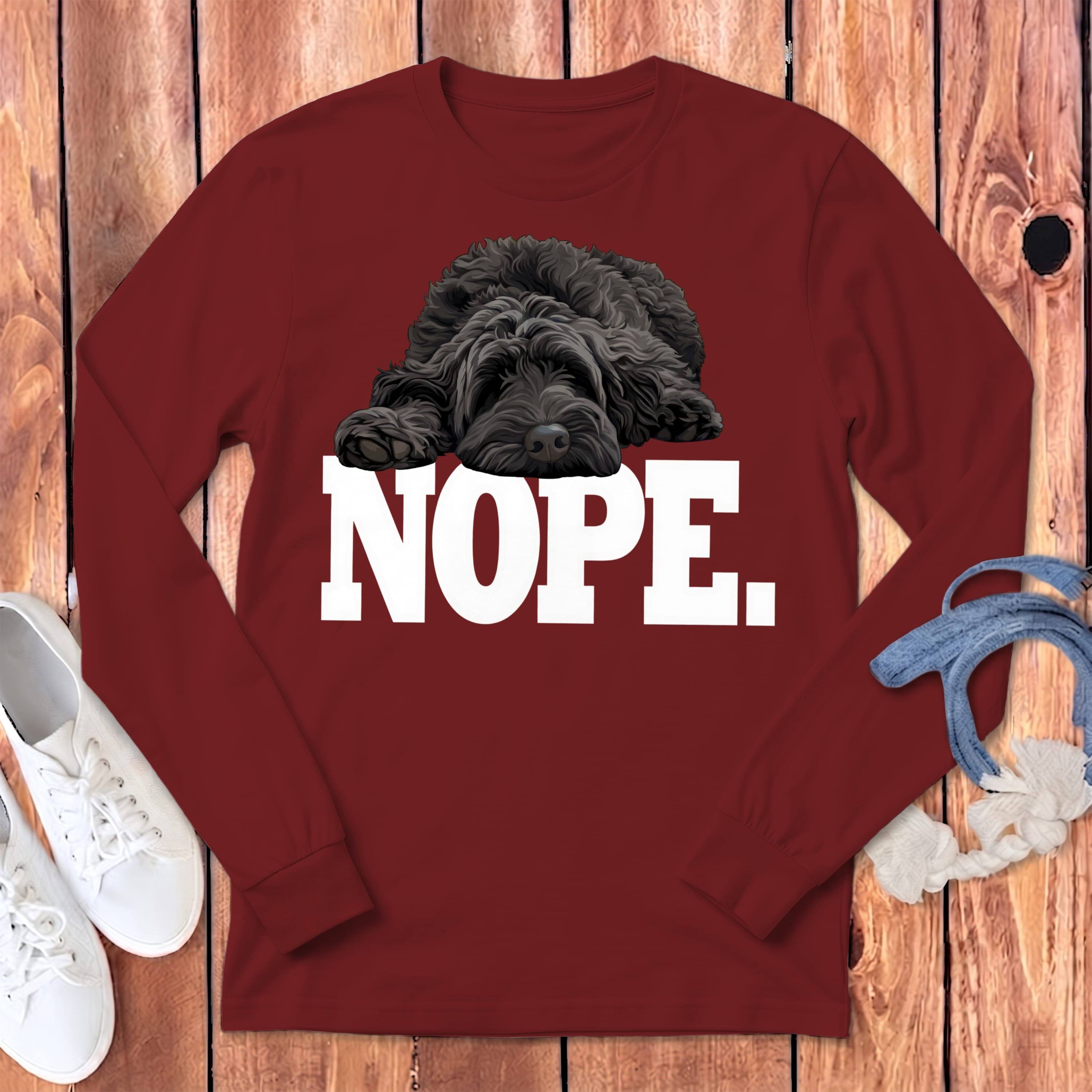 Black Labradoodle Nope Signature Long Sleeve T-Shirt in Cardinal / S by Puppy Jo