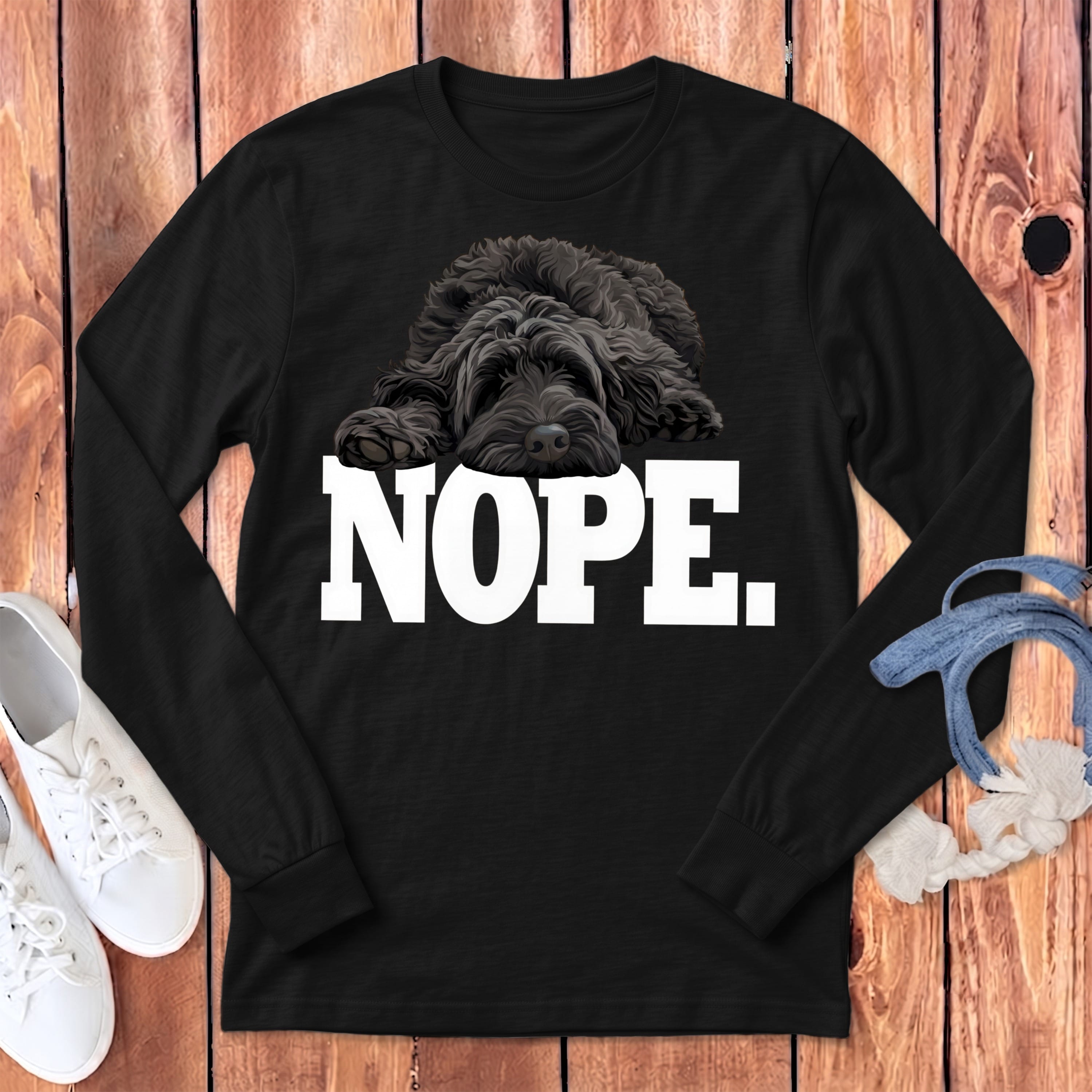 Black Labradoodle Nope Signature Long Sleeve T-Shirt in Dark Grey Heather / S by Puppy Jo