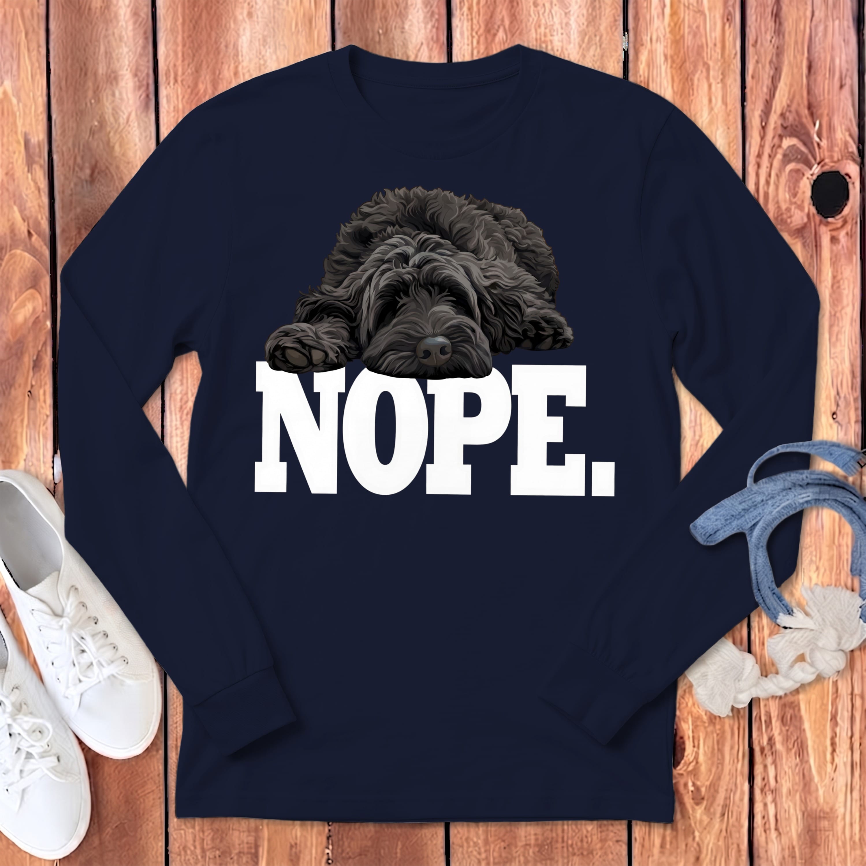 Black Labradoodle Nope Signature Long Sleeve T-Shirt in Navy / S by Puppy Jo