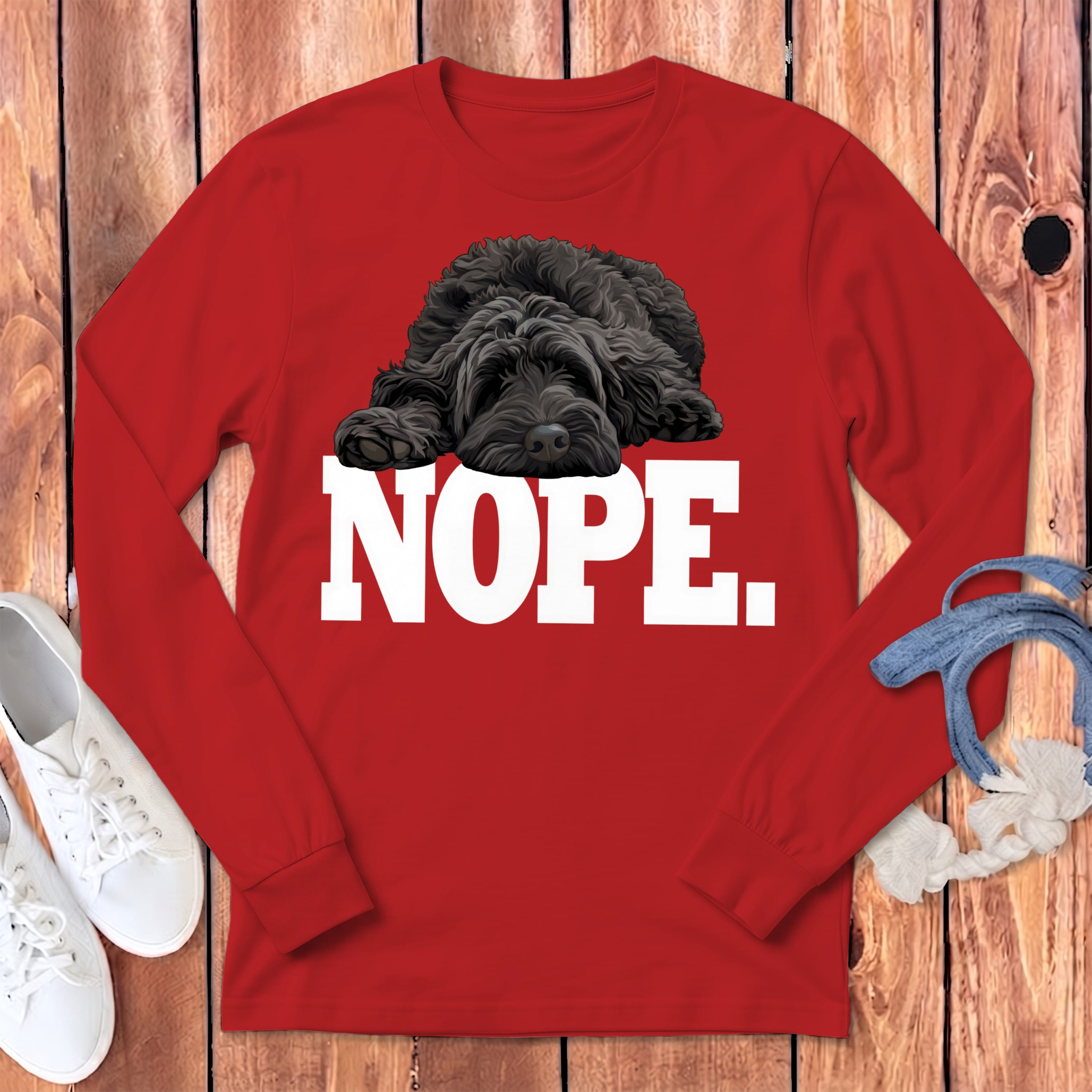 Black Labradoodle Nope Signature Long Sleeve T-Shirt in Red / S by Puppy Jo