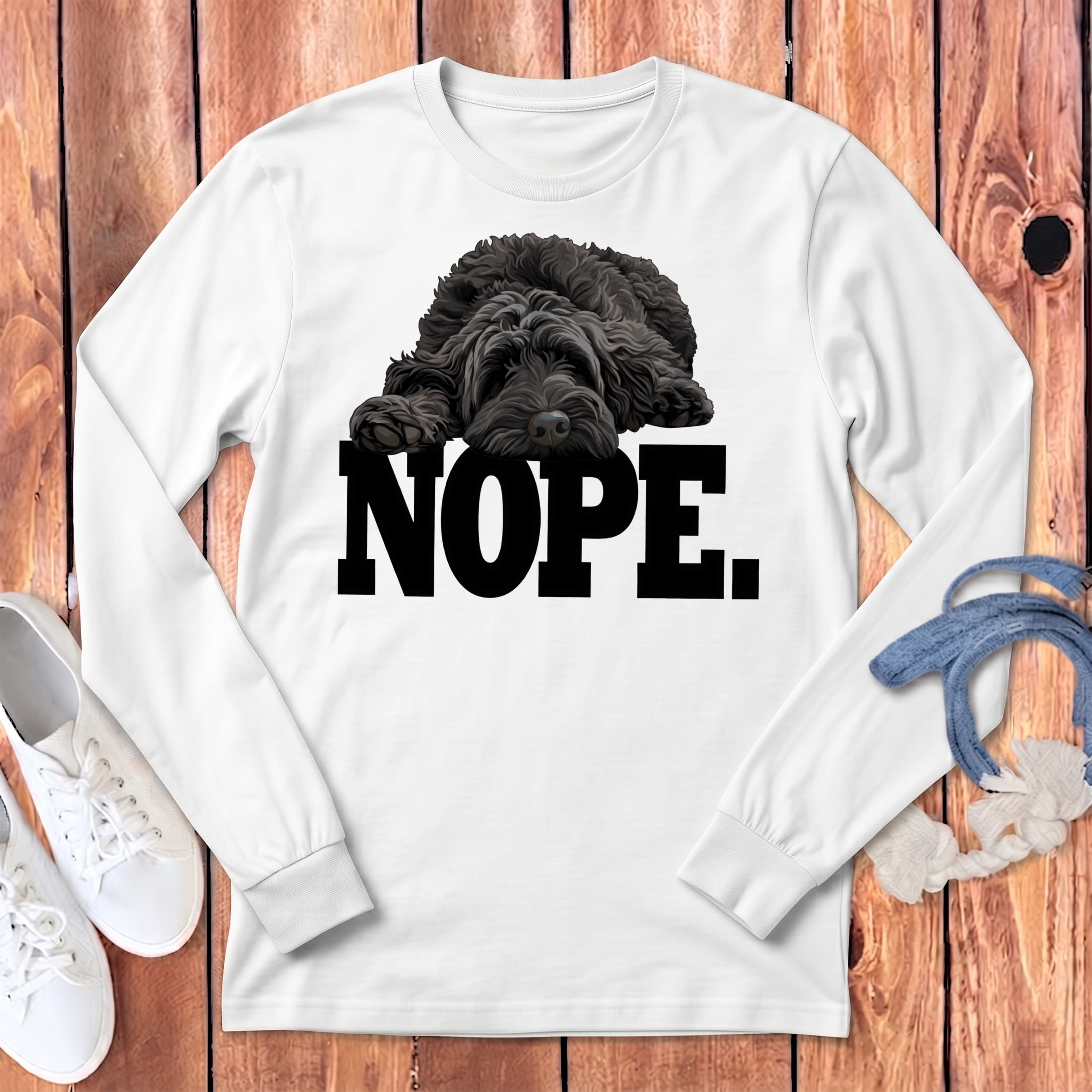 Black Labradoodle Nope Signature Long Sleeve T-Shirt in White / S by Puppy Jo
