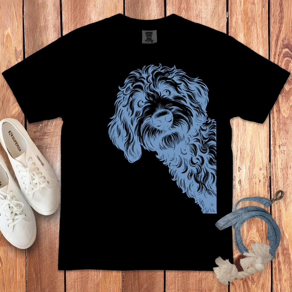 Blue Etched Peeking Doodle Signature T-Shirt in Black / S by Puppy Jo