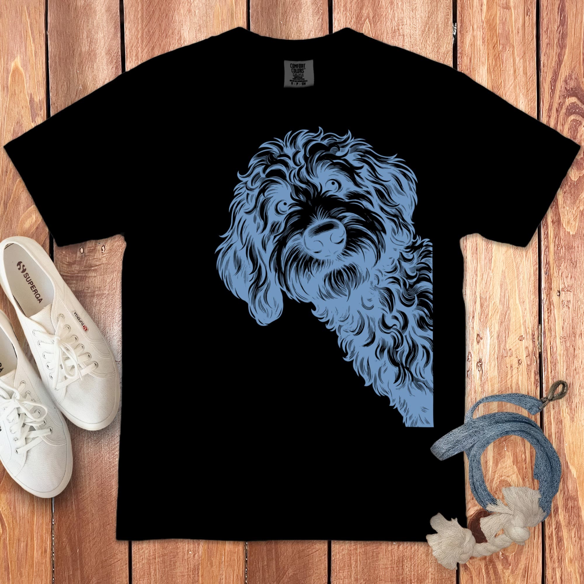 Blue Etched Peeking Doodle Signature T-Shirt in Black / S by Puppy Jo