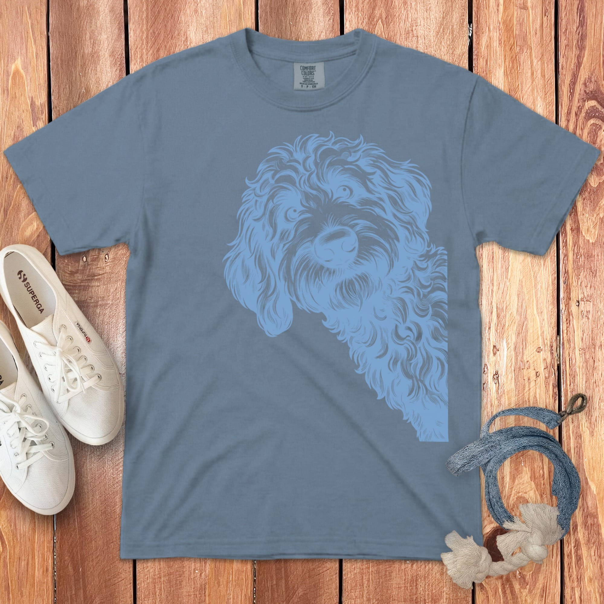 Blue Etched Peeking Doodle Signature T-Shirt in Blue Jean / S by Puppy Jo