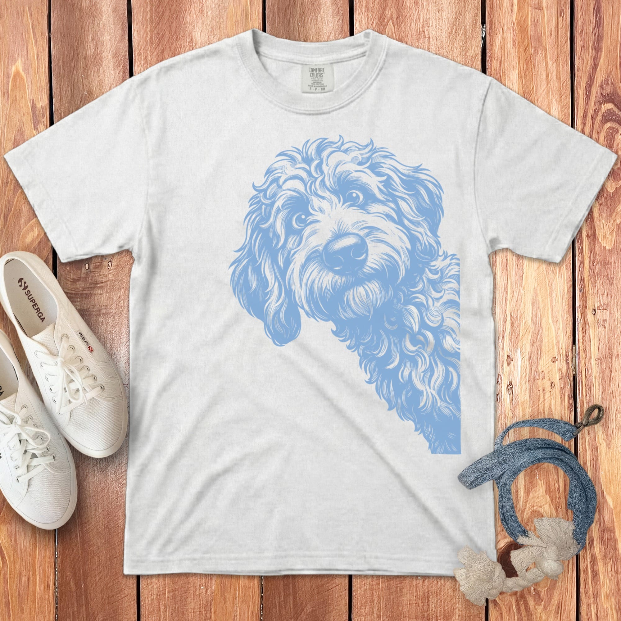 Blue Etched Peeking Doodle Signature T-Shirt in White / S by Puppy Jo