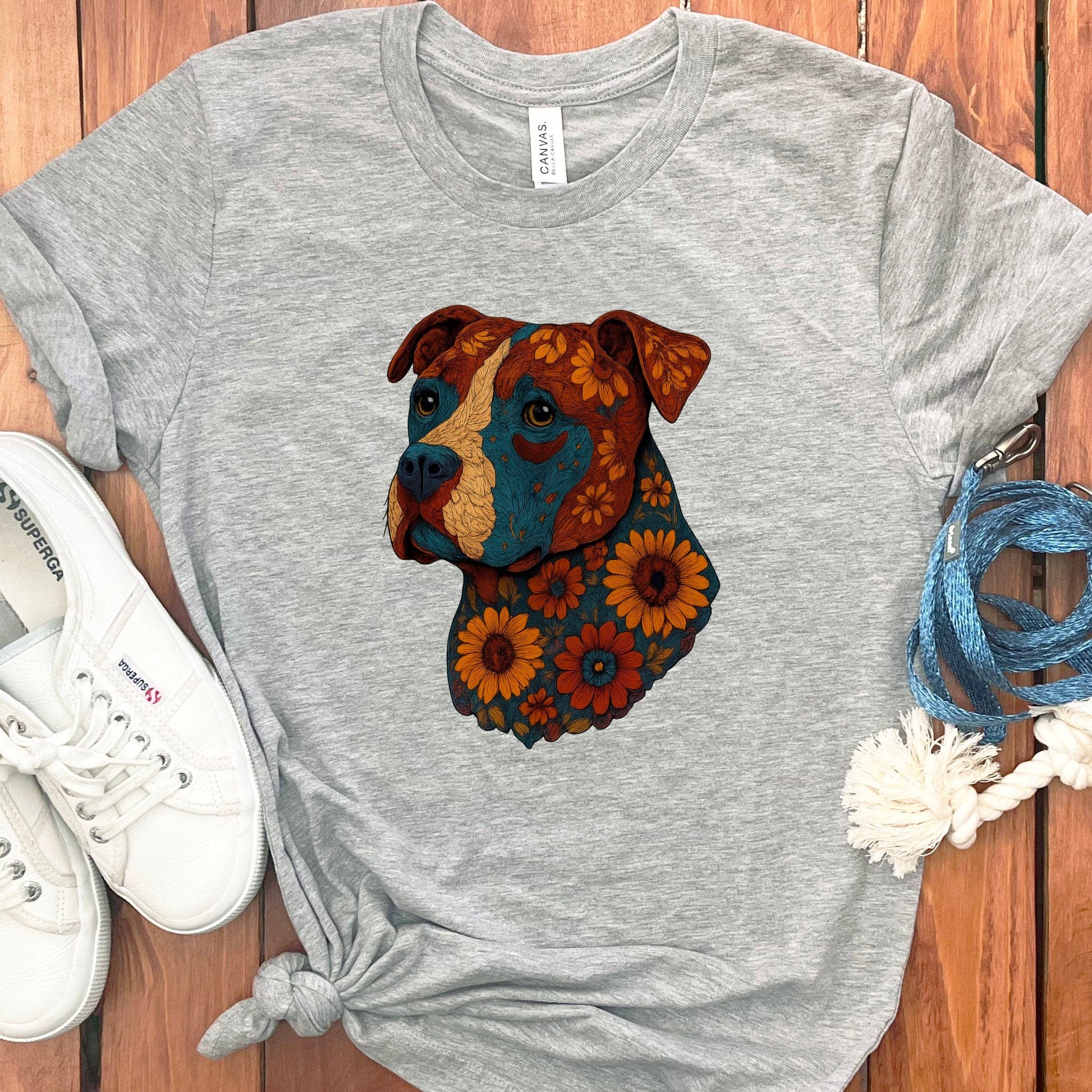Floral Dog Portrait Graphic Grey T-Shirt product type