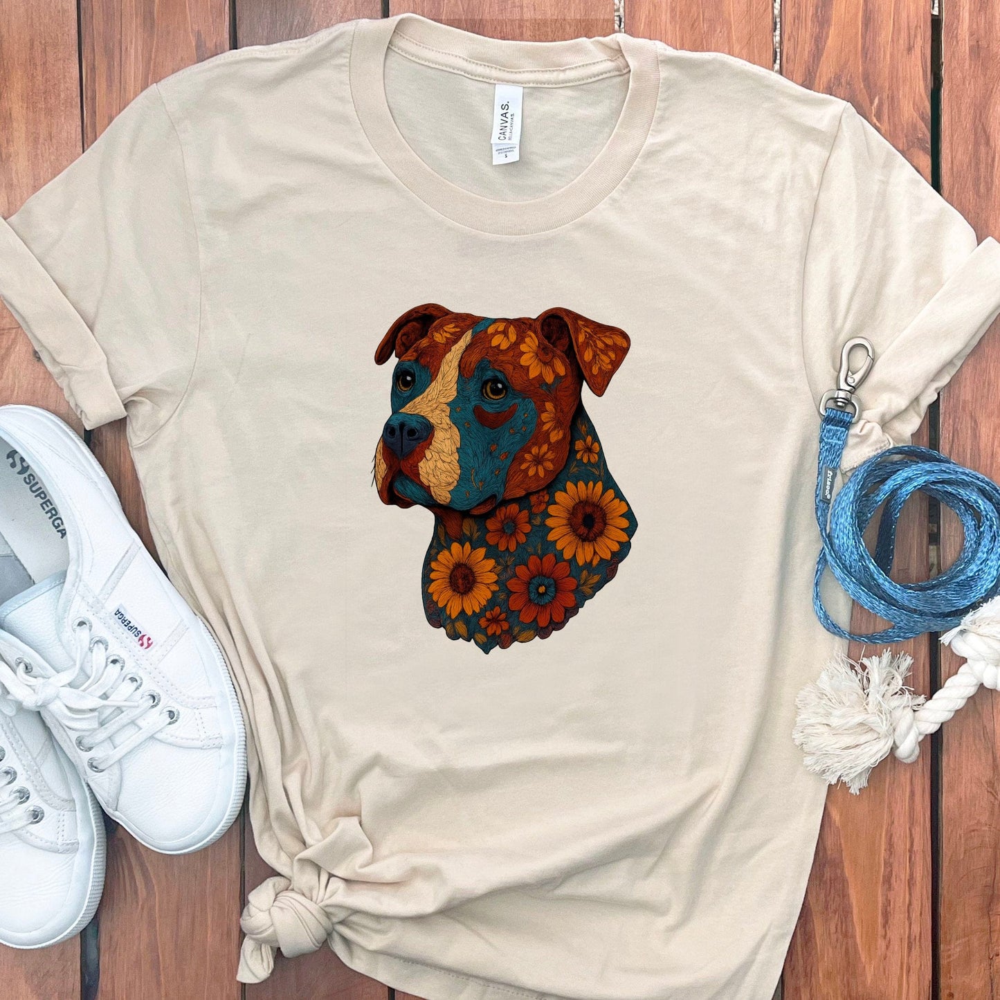 Colorful Dog and Flowers Design T-Shirt product type