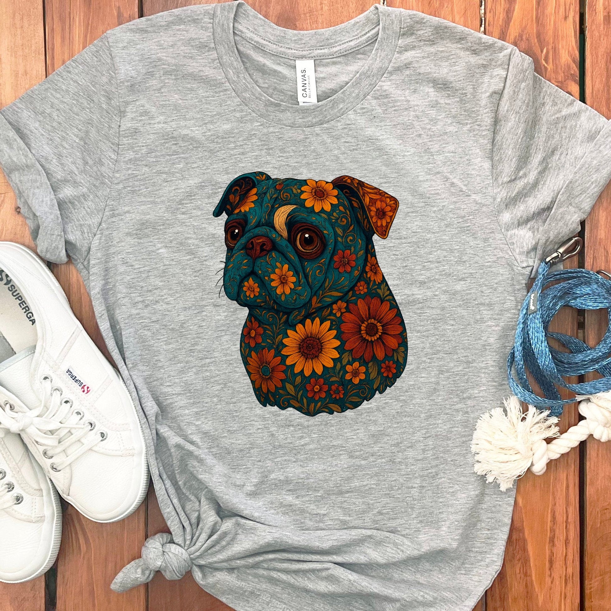 Cute Floral Pug Graphic T-Shirt Perfect Casual Product Type